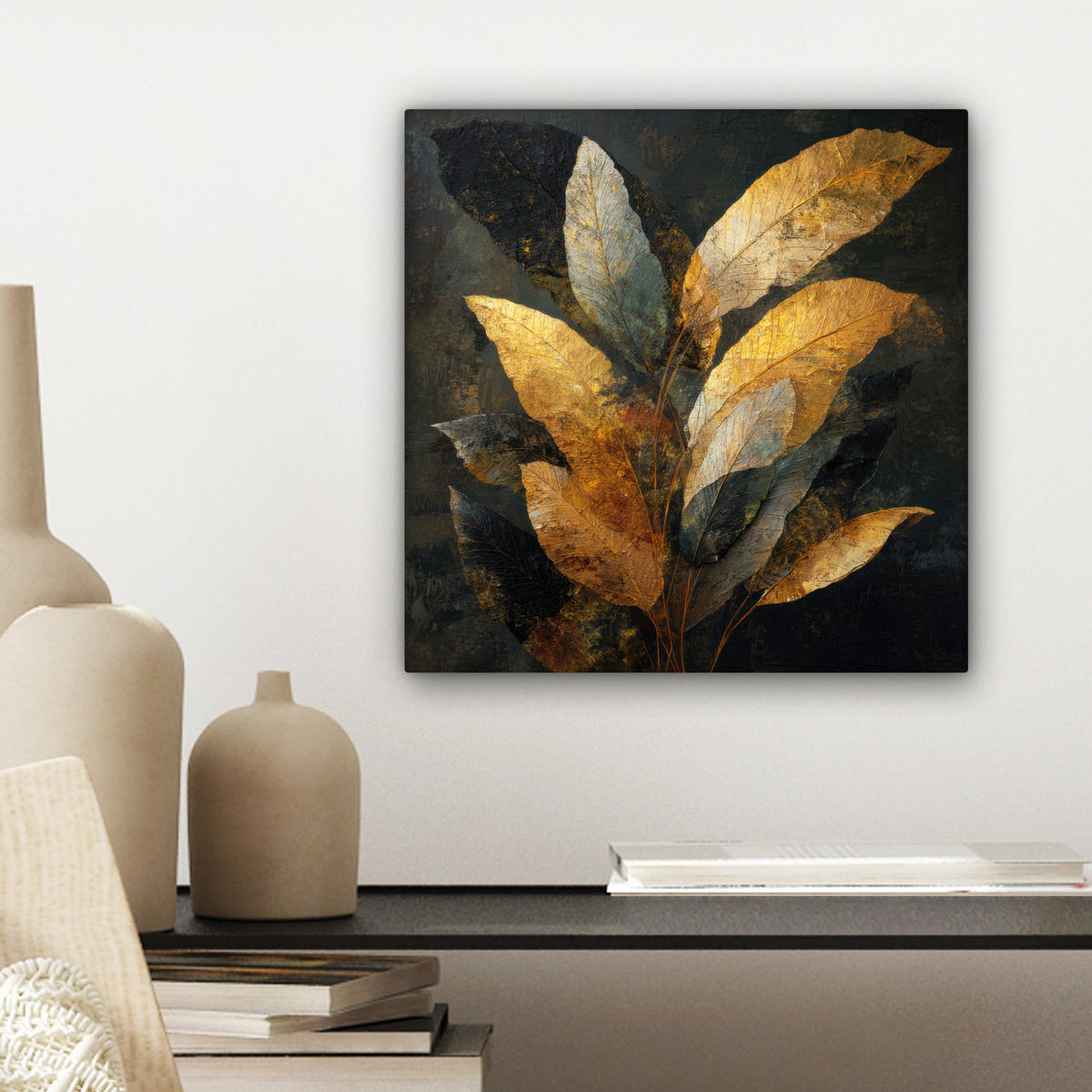 LEINWANDBILD Golden Leaf Komposition - Botanical Luxury Deko Wohnzimmer 20x20 cm - Goldfarben/Schwarz, Textil (20/20cm) - MuchoWow