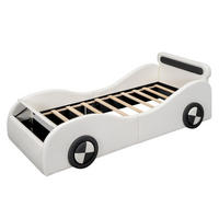 KINDER-POLSTERBETT aus PU und MDF 90x200 cm Weiß in Autoform mit Leuchträdern und Stauraum - Weiß, Kunststoff (90/200cm) - Modfu