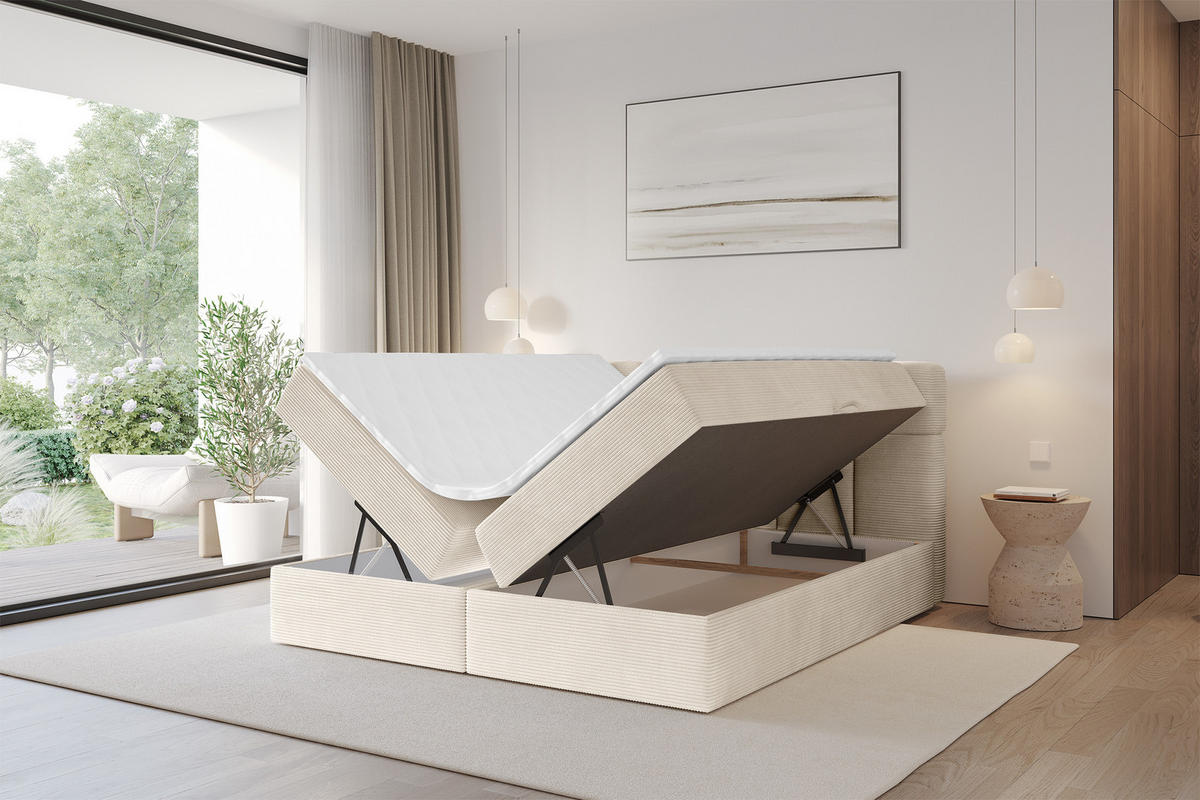 BOXBETT mit Matratze H4 - FAMA - 200x200 cm Beige Poso - Ecru, Holzwerkstoff (200/200cm) - ALTDECOR