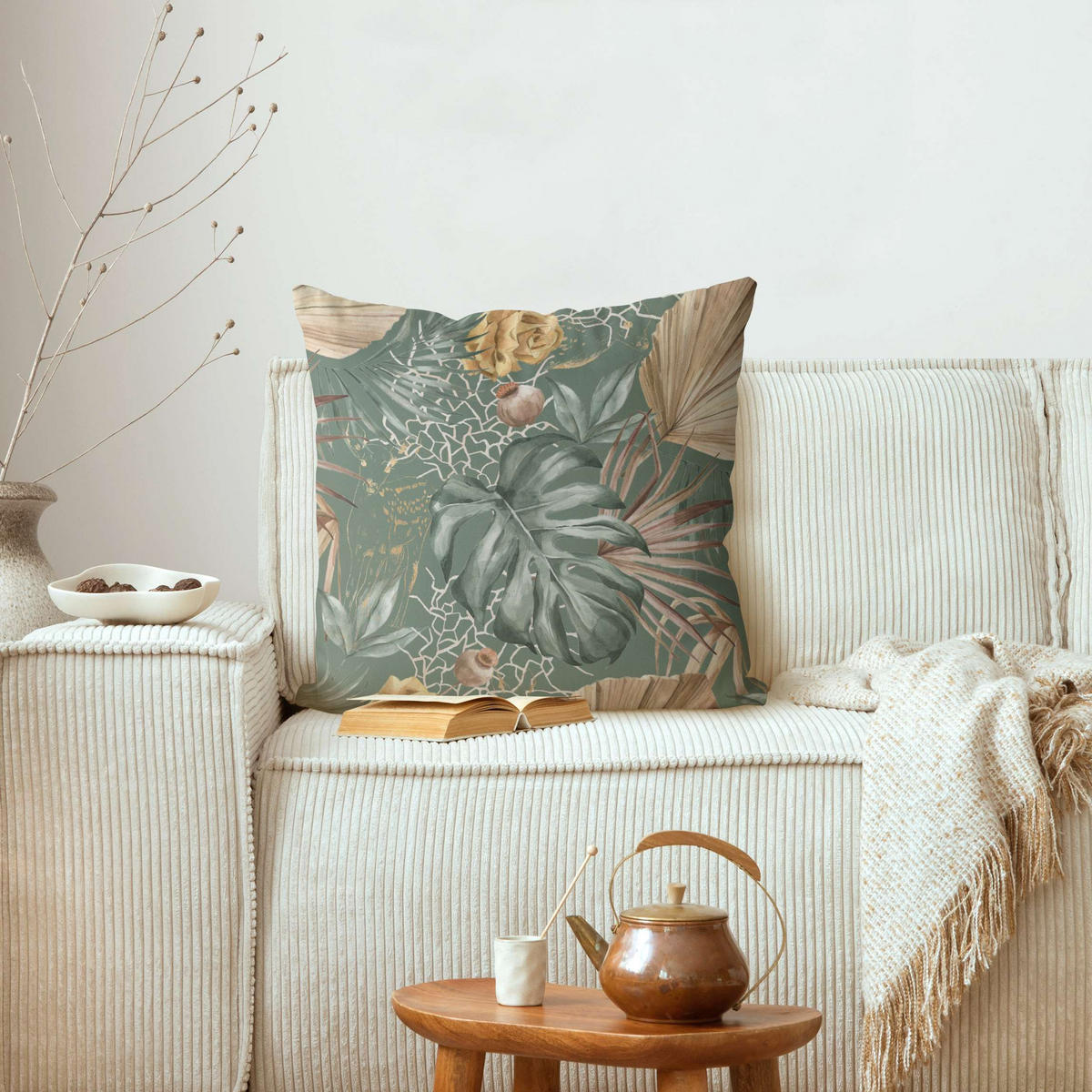 DEKOKISSEN Große Blätter mit Rosen vor Grün 40/40 cm - Grün, Textil (40/40/10cm) - Bilderwelten