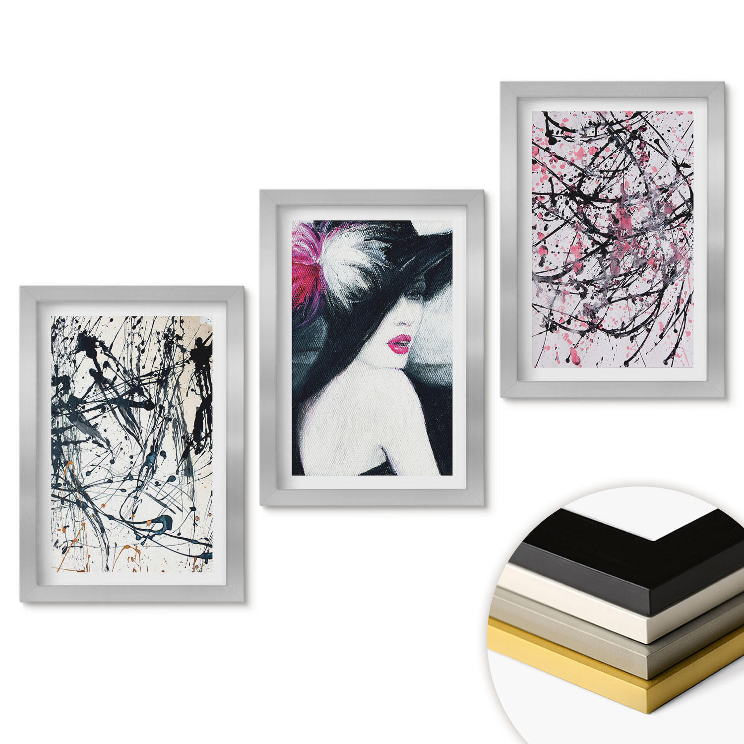 WANDBILDER 3er Set - 20x30 cm Silberner Rahmen - Abstrakte Farbmuster Hut - Silberfarben, Kunststoff (20/30cm) - ArtPrintCave