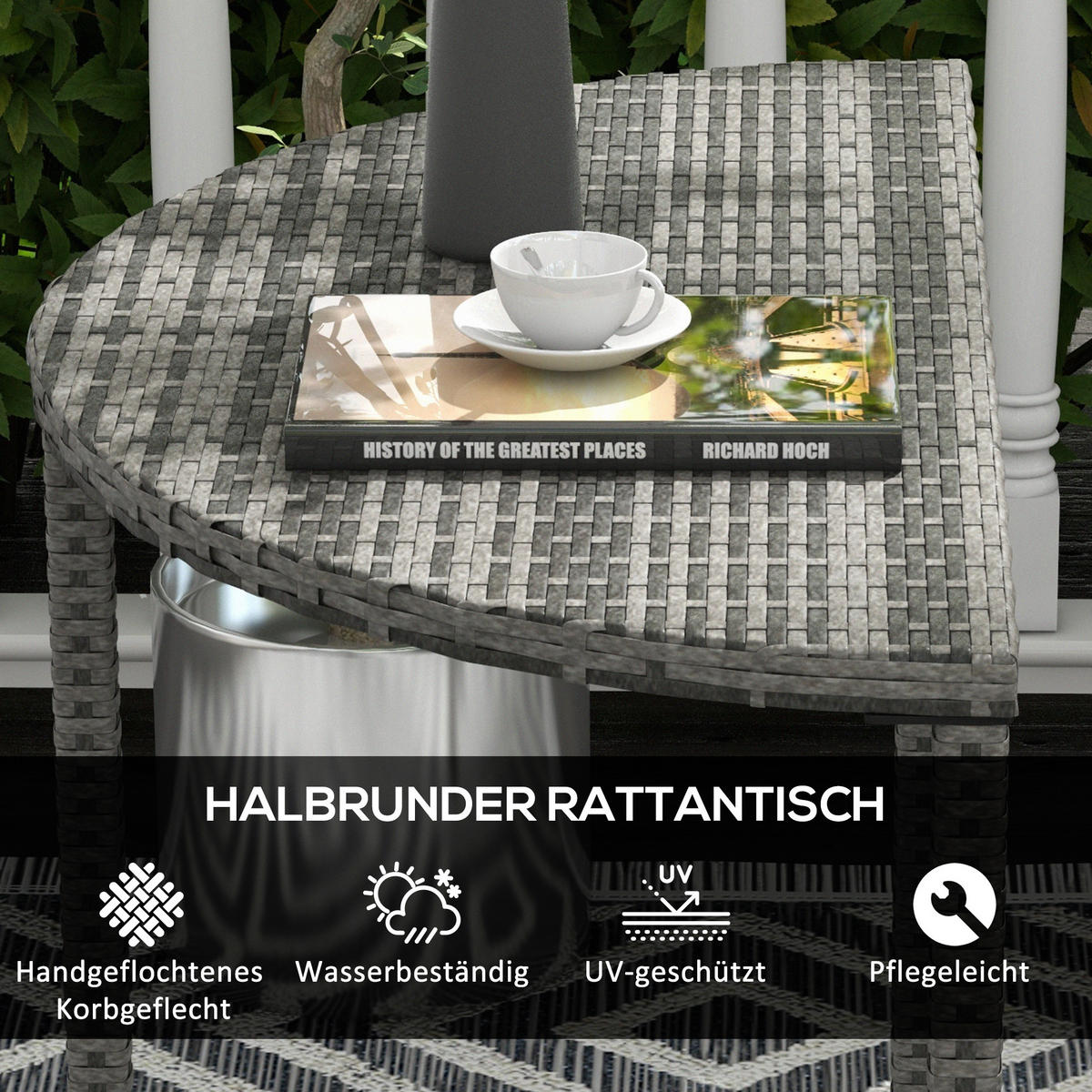 BALKONTISCH, Grau, PE Rattan, Metall - Grau, Kunststoff (100/50/74cm) - Outsunny