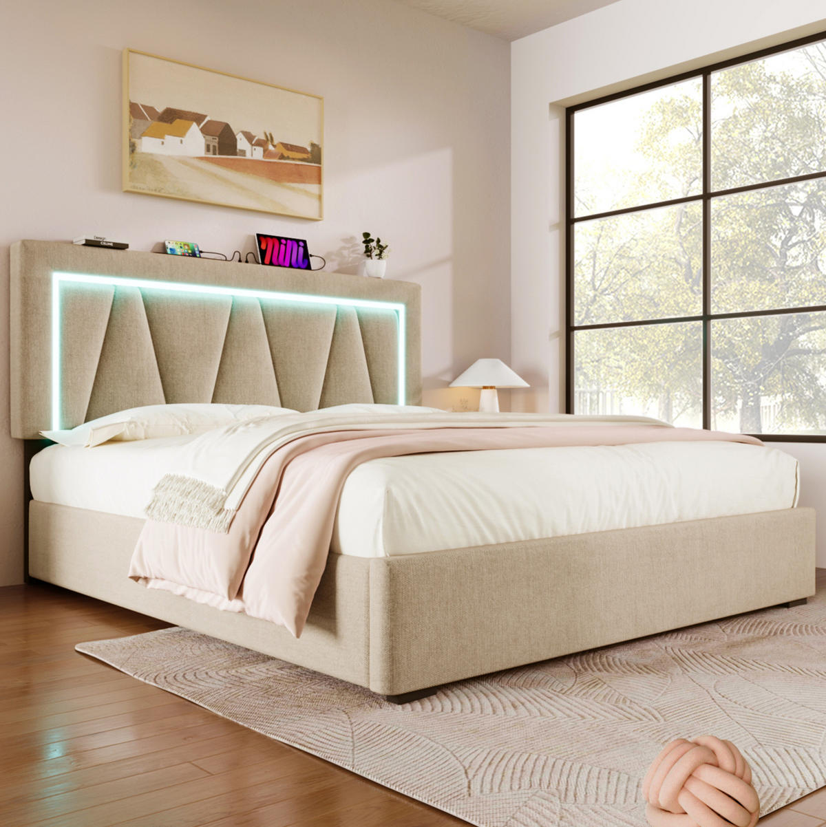 POLSTERBETT mit Stauraum LED und USB 160x200 cm Leinen Beige - Beige, Metall (160/200cm) - Meubliv