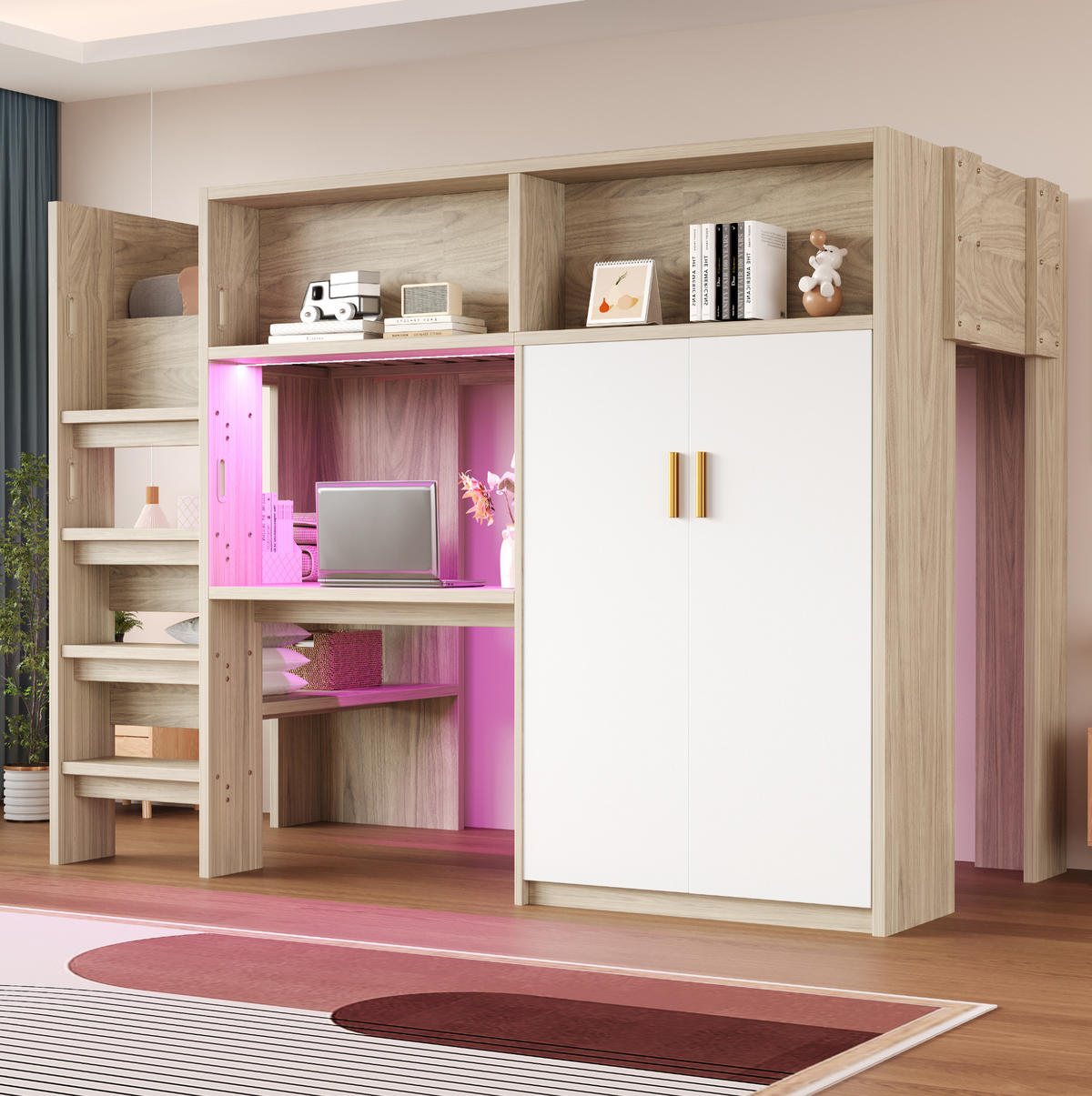 PATROVÁ postel 90/200 cm z přírodního MDF s psacím stolem, LED osvětlením a úložným prostorem - přírodní, kompozitní dřevo (90/200cm) - OKWISH