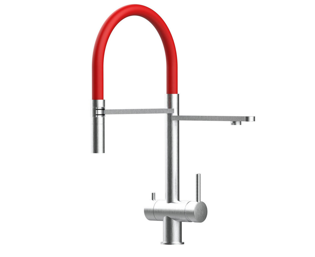 NIEDERDRUCK-3-WEGE-KÜCHENARMATUR, Edelstahl Massiv aus Chirurgenstahl, Gebürstet und Rot, 2-Strahl-Brause - Rot, Metall (24/49/24cm) - VIZIO