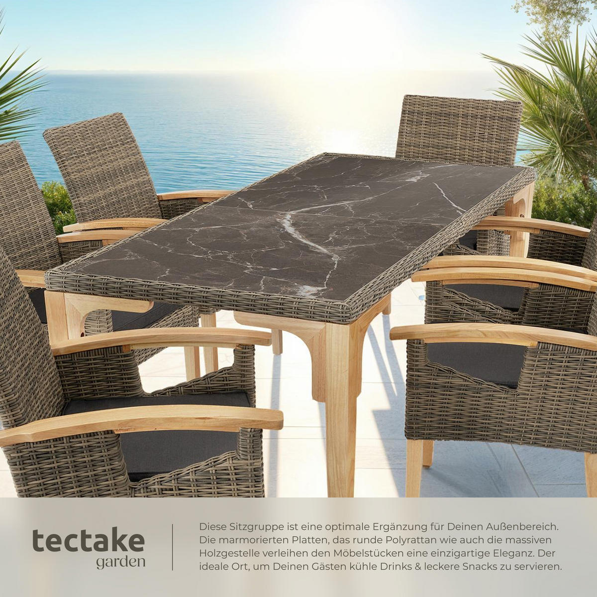 GARTENTISCH FOGGIA MIT 6 STüHLEN ROSARNO ,Armlehnen und Beine aus Holz,natur - Naturfarben, Kunststoff - tectake