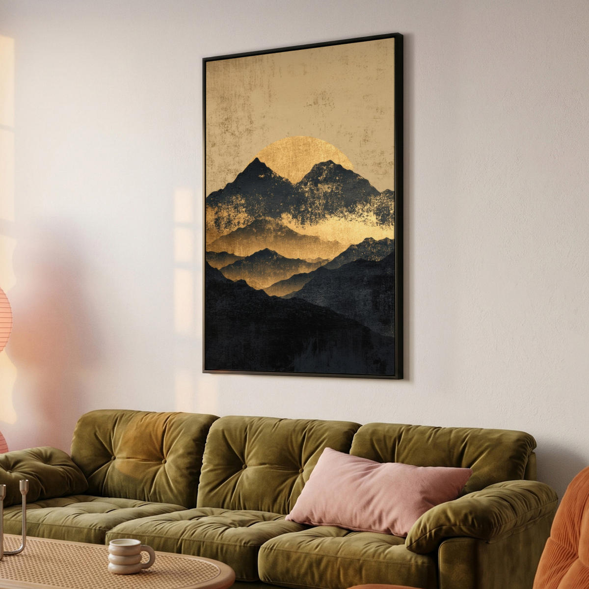 LEINWAND Bilder mit Rahmen - Goldene Berge bei Mondschein - 100x150 - Goldfarben, Textil (100/150cm) - MuchoWow