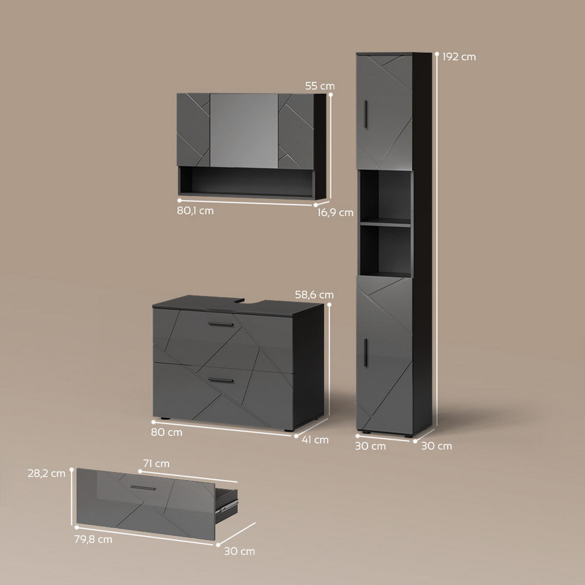 BADMÖBEL-SET Ronco Anthrazit Hochglanz 3 Teile, mit Spiegelschrank 80 cm - Anthrazit, Holzwerkstoff (41/80/58cm) - Livinity®