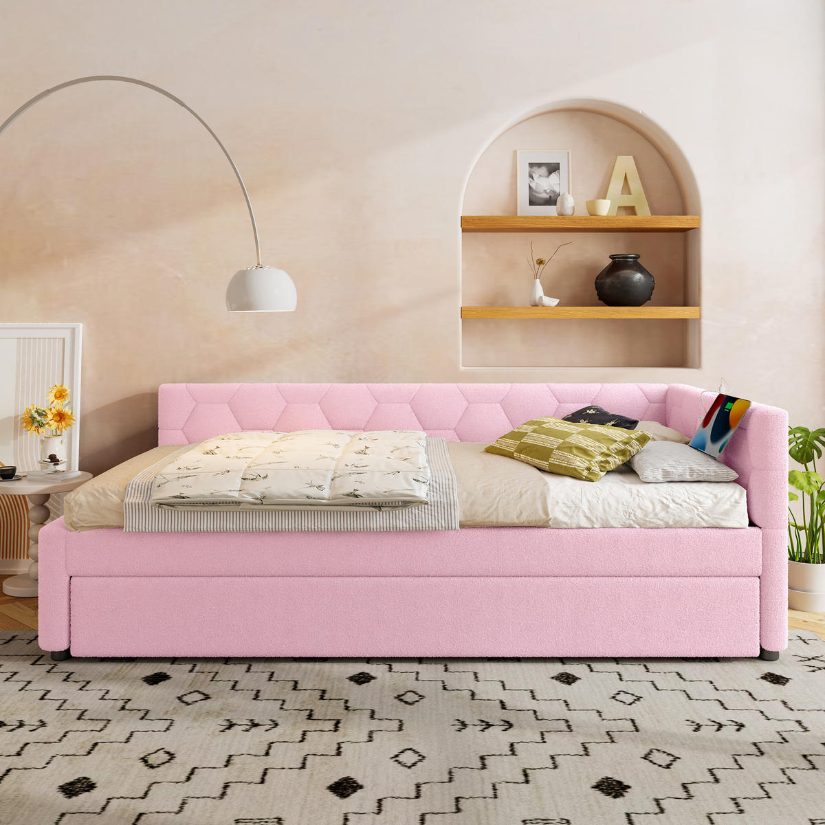 POLSTERBETT 90/200 cm rosa mit Ausziehbett und USB-Anschluss - Rosa, Textil (90/200cm) - OKWISH