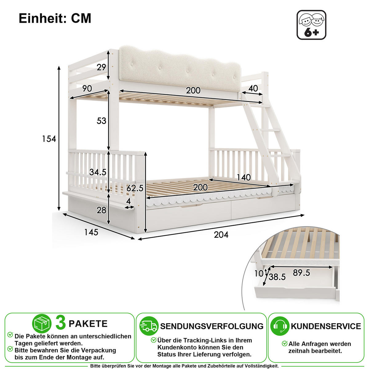 PATROVÁ POSTEL 90/200 cm & 140/200 cm v bílé barvě se zásuvkami - bílá, dřevo/kompozitní dřevo (140/200cm) - CHICFURN