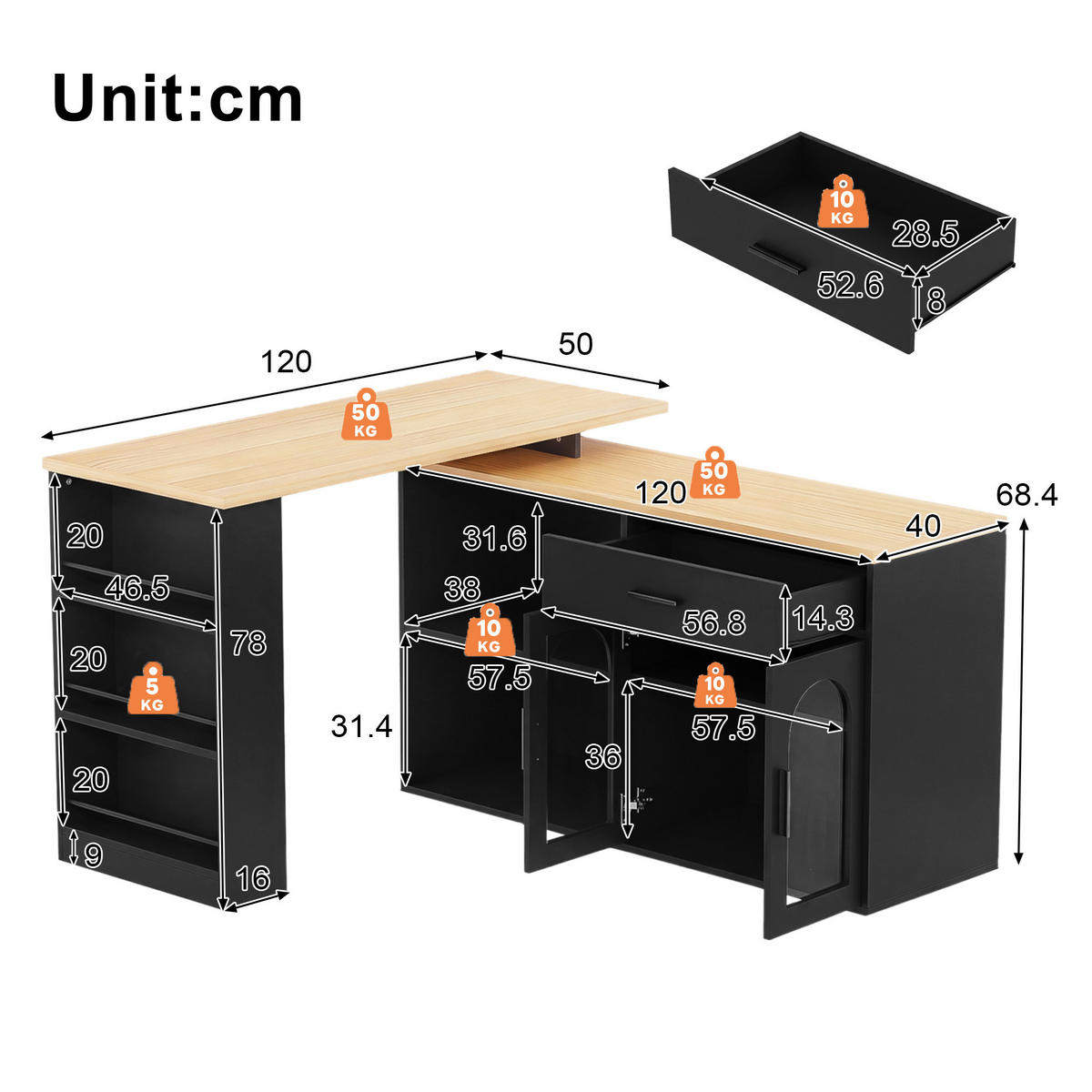 KÜCHENINSEL DE-41415 136/50/78 cm, 360° Drehtisch und Schublade Schwarz - Schwarz, Holzwerkstoff (136/78/50cm) - ComfortXL