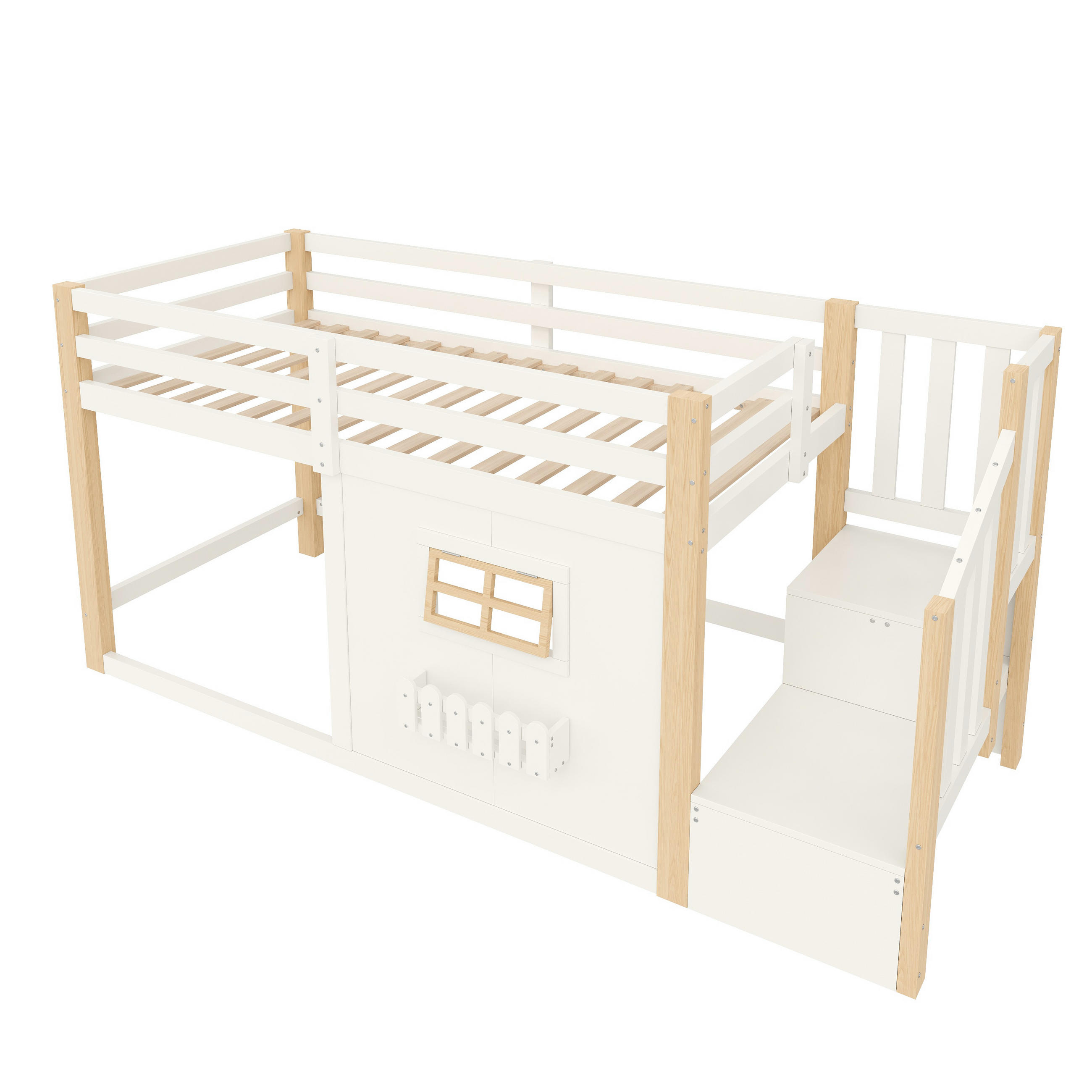 HOCHBETT 90/200 cm mit LED und Stauraumtreppe, DE-42010, in Natur/Weiß - Naturfarben, Holzwerkstoff (90/200cm) - ComfortXL