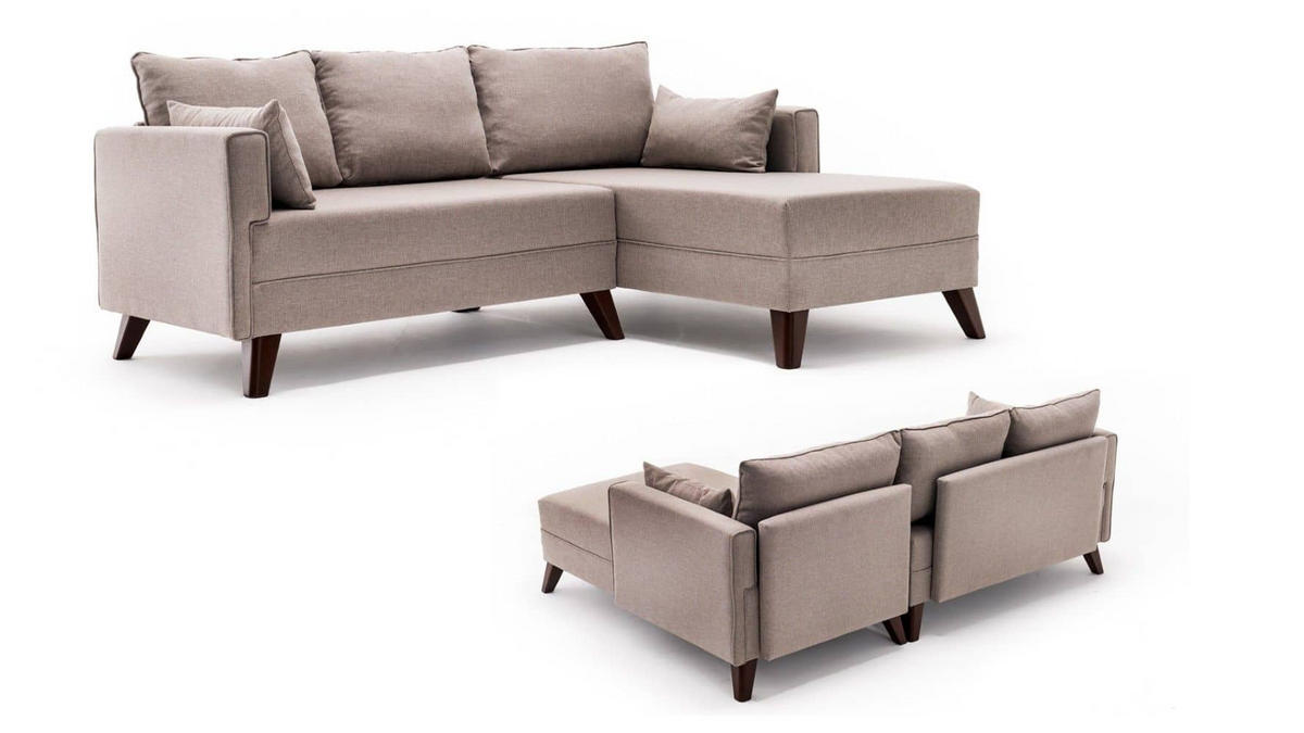 ECKSOFA mit Hocker als Schlaffläche, perfekt für kleine Räume - Walnussfarben/Creme, Holz/Kunststoff (140/205cm) - myHomelando