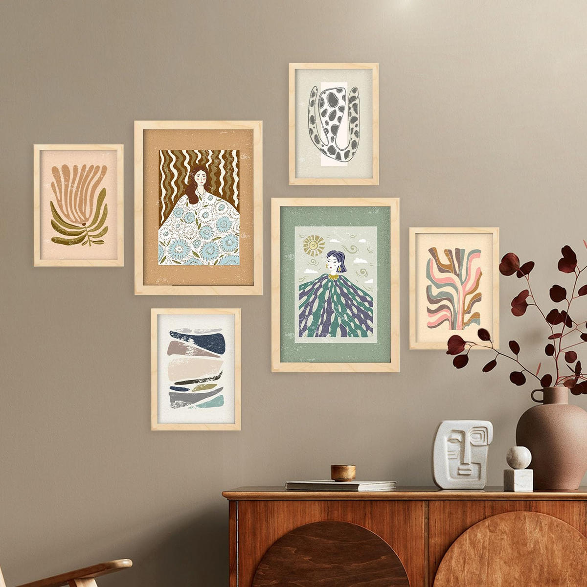 POSTER Set Mit 6 Drucken Von Mutter Natur In Ethnischer Dekorative Rahmen Für Ihr Wohnzimmer Zuhause Wandkunstdruck A3 & A4 Rahmen Aus Hellem Holz - Beige, Papier (29/3cm) - Nacnic