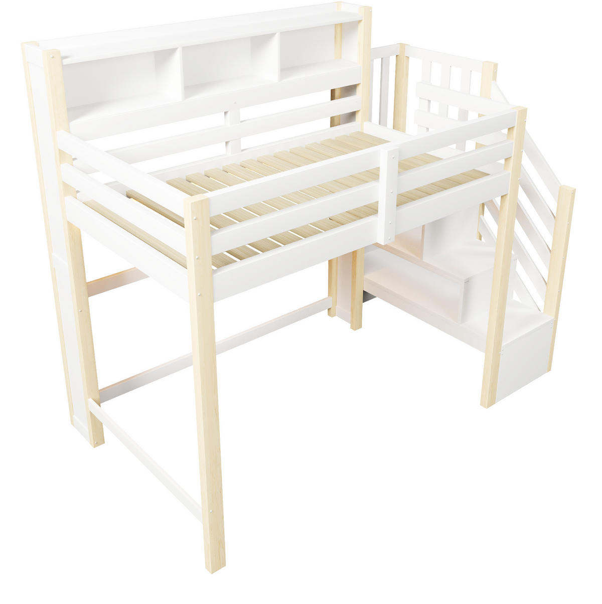 HOCHBETT 90x200 cm in Weiß und Natur mit LED-Beleuchtung, Stauraumtreppe und Ablagefach - Weiß, Holz (90/200cm) - IVMEU