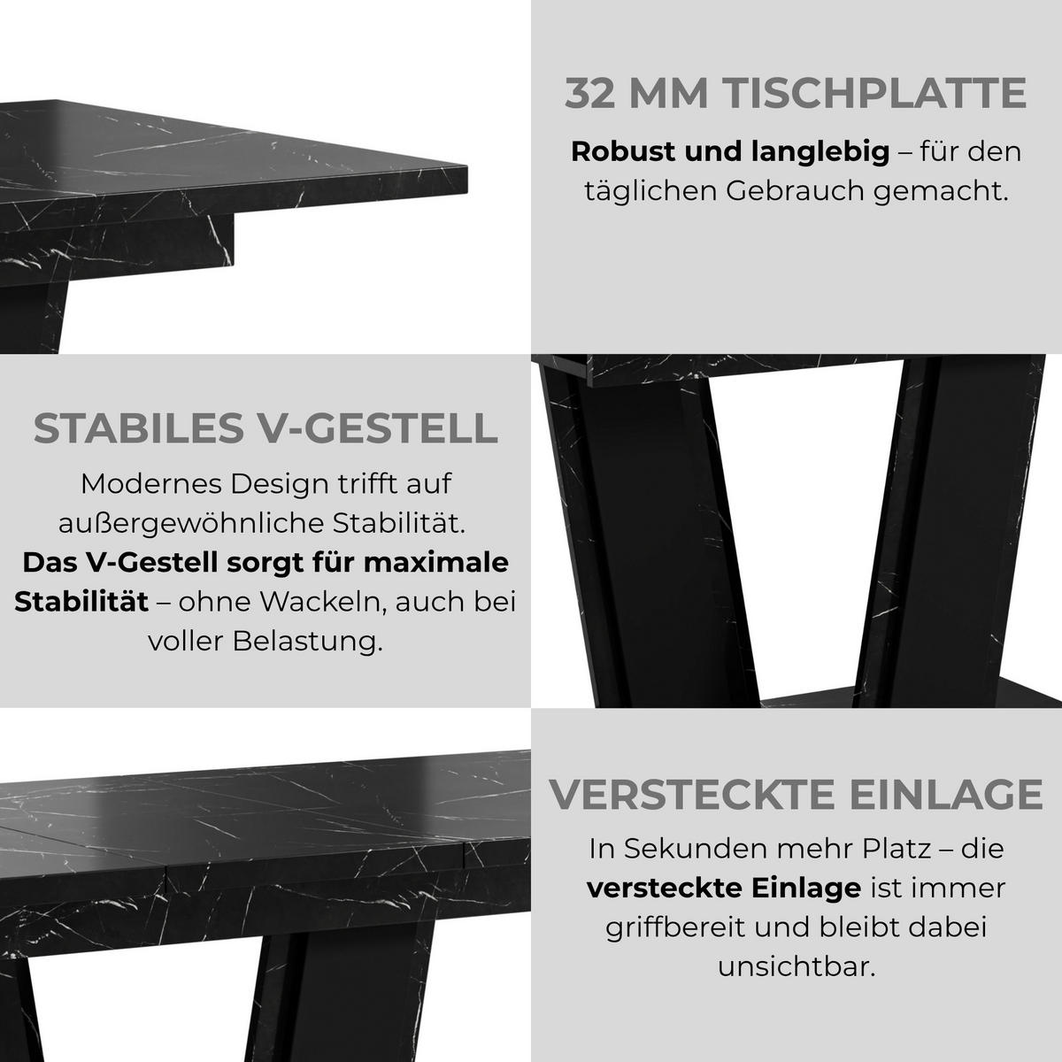 ESSTISCH Ausziehbar von 140 bis 180 cm in Schwarzer Marmor-Optik - Schwarz Hochglanz, Holzwerkstoff (80/180/75cm) - Home Collective