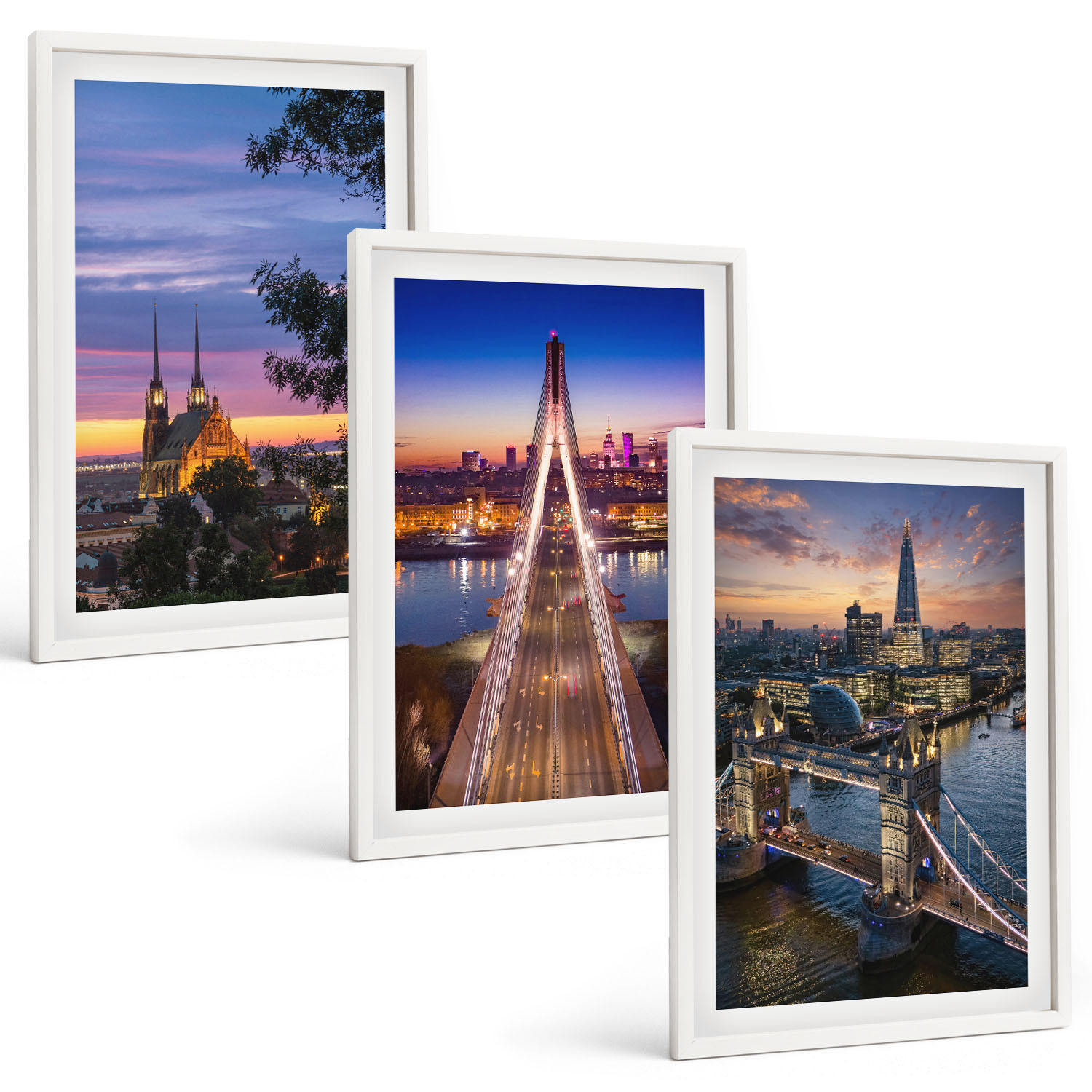 BILDER SET 3er Set - 40x60 cm Weißer Rahmen - Ausblicke auf Brücken und Sonnenuntergänge - Weiß, Kunststoff (40/60cm) - TULUP