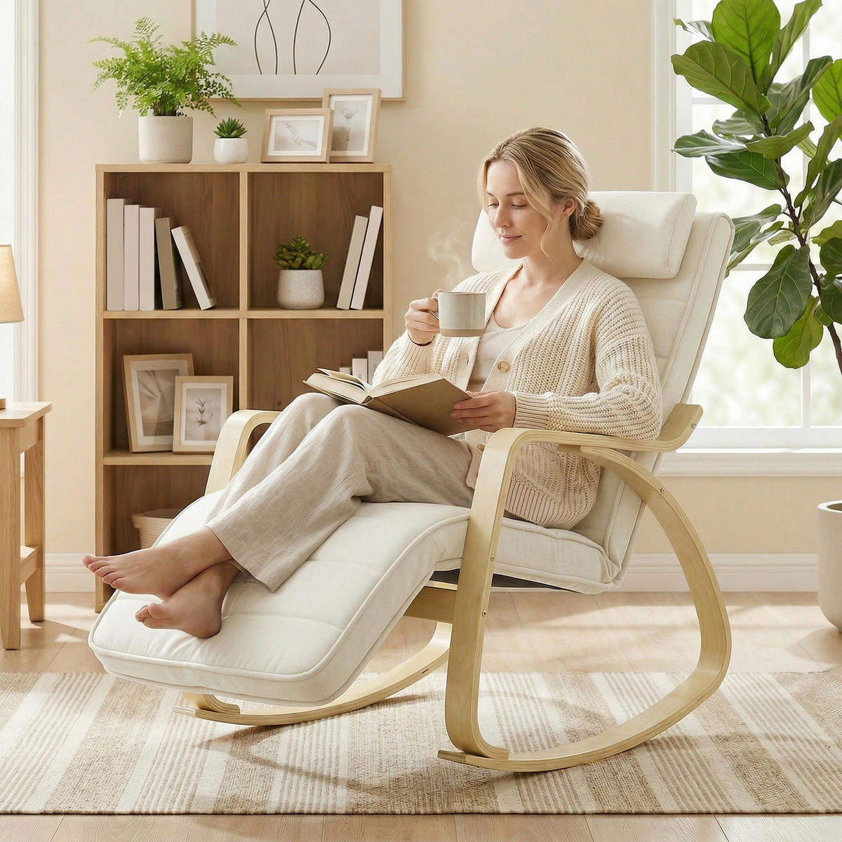 SCHAUKELSTUHL DE-07601 mit Massage, Heizung und verstellbarer Kopf- & Fußstütze Cremeweiß - Creme, Textil (67/92/106cm) - ComfortXL