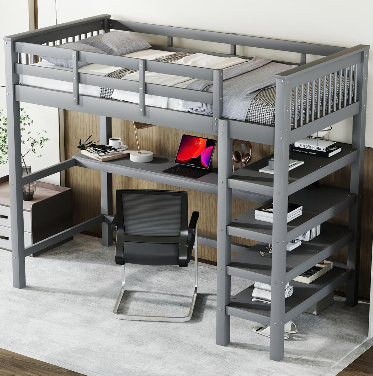 HOCHBETT 90/200 cm aus Kiefernholz und MDF mit Schreibtisch und Ablagefächern Grau - Grau, Holzwerkstoff (90/200cm) - Modenvie