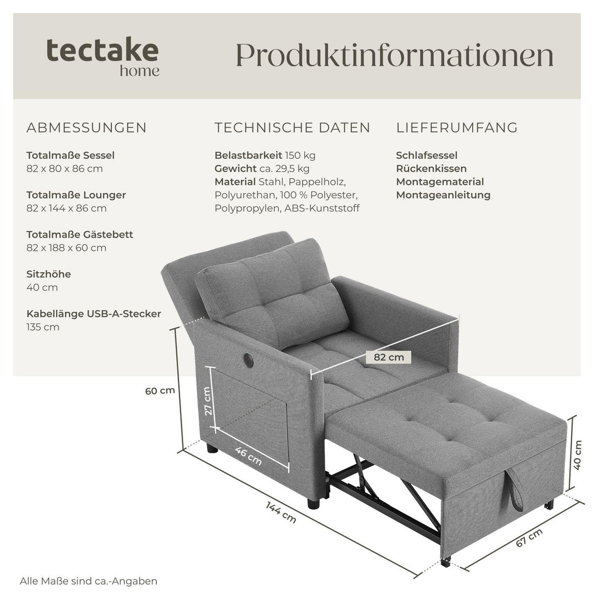 SCHLAFSESSEL Toyama, 82 x 80 x 86 cm, Belastbarkeit 150 kg, grau - Grau, Textil (82/86/144cm) - tectake