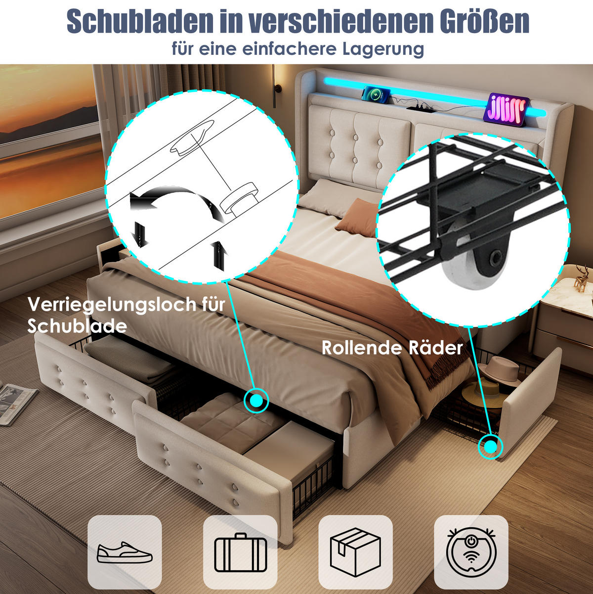 ČALOUNĚNÁ postel 180/200 cm s LED osvětlením, USB-C, 4 zásuvkami a policemi, Béžová - béžová, textil (180/200cm) - Redom