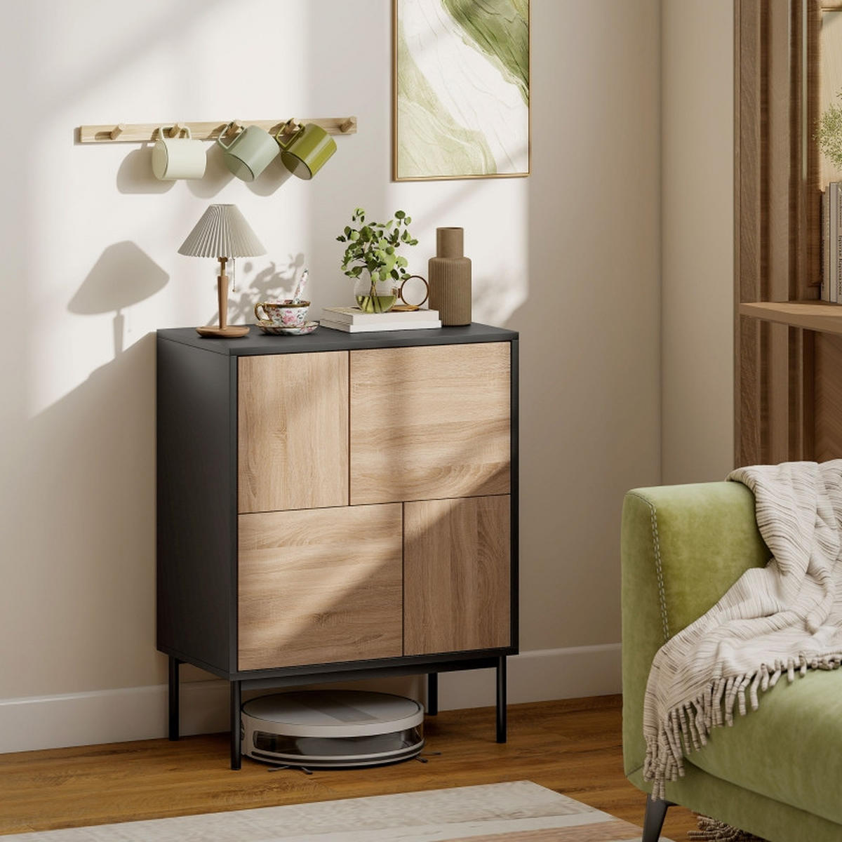 SIDEBOARD mit Push-to-Open Türen und Metallbeinen in Schwarz/Naturholzoptik - Schwarz, Holz (60/78/35cm) - BEAOK