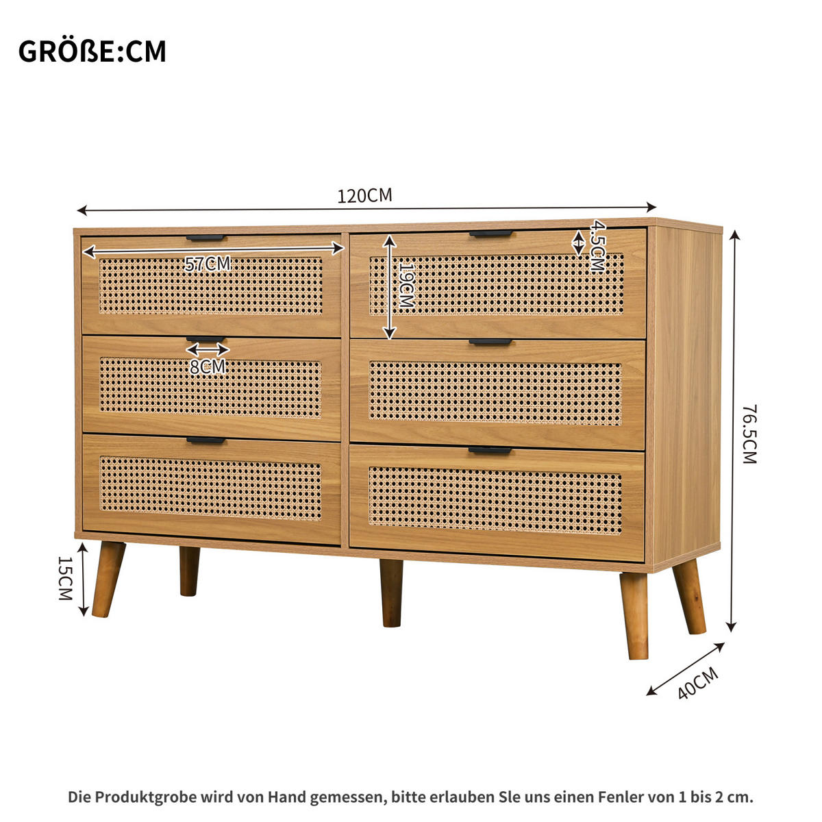 SIDEBOARD Nussbaum, 6 Schubladen, Rattanoptik, Metallgriffe - Kastanienfarben, Holz (120/76/40cm)