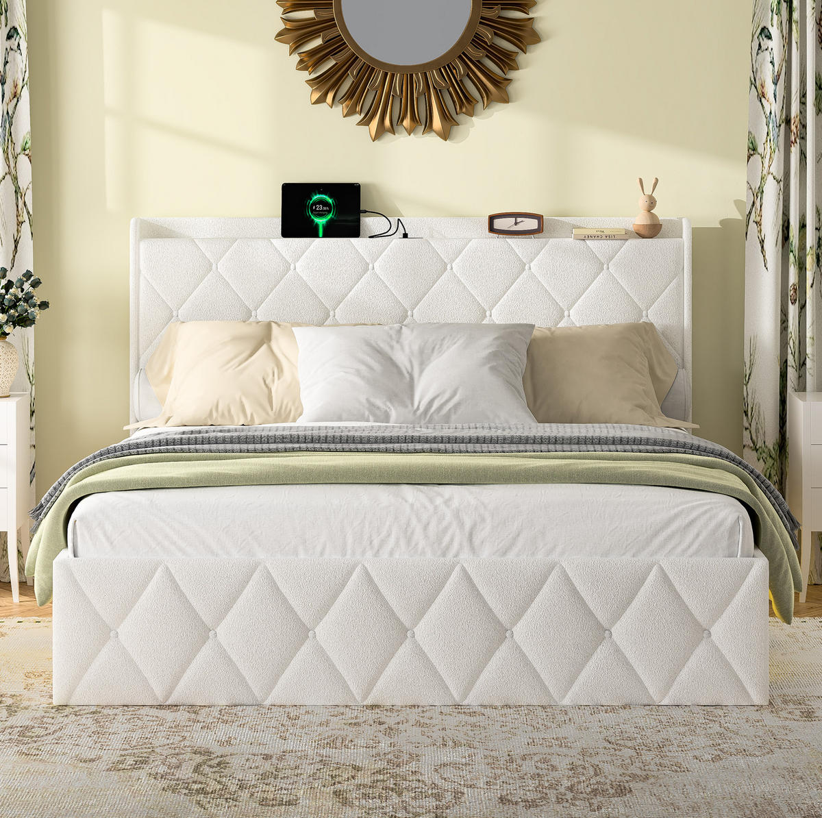 POLSTERBETT 140/200 cm mit LED-Beleuchtung, USB-Ladefunktion und Stauraum, Weiß - Weiß, Textil (140/200cm) - Redom