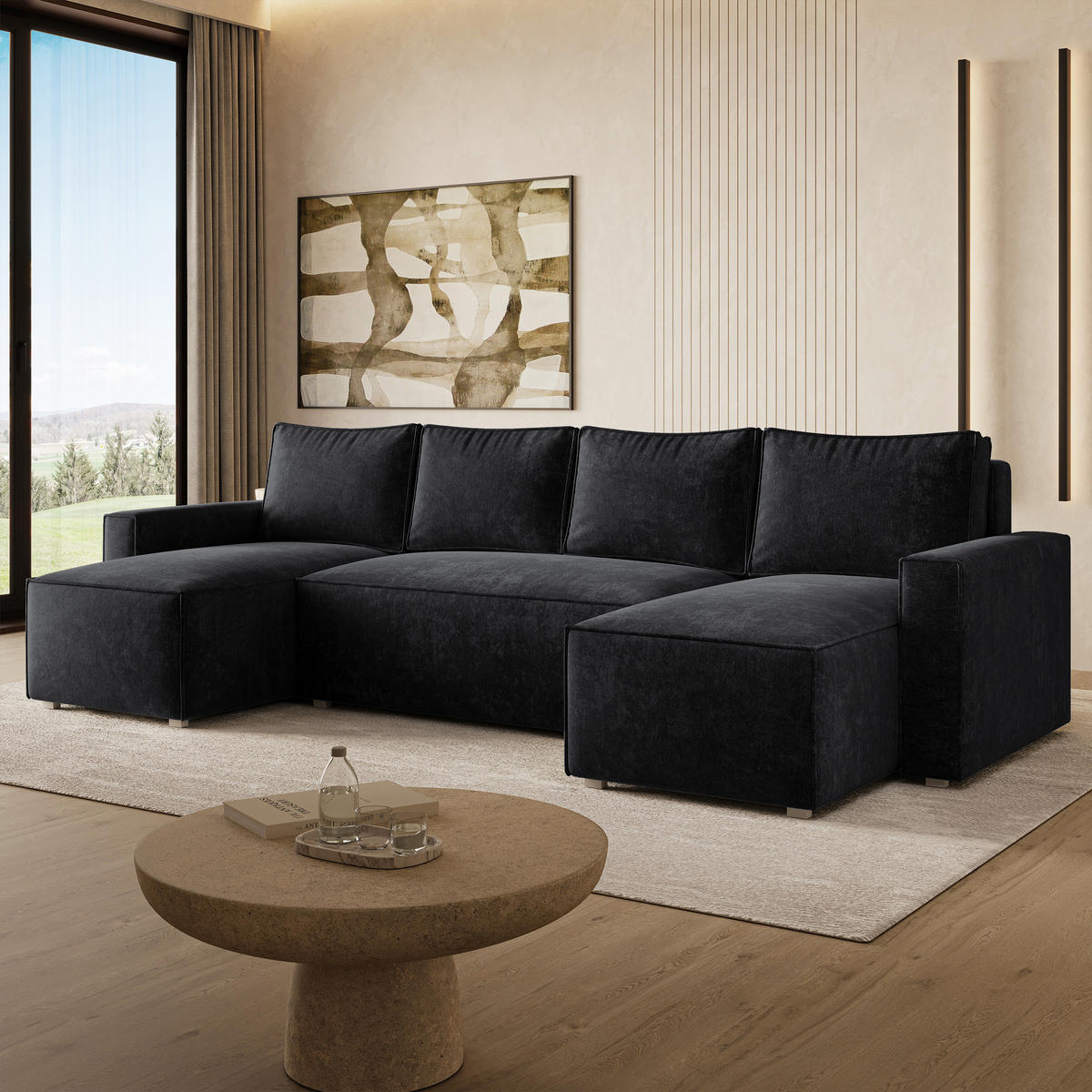 WOHNLANDSCHAFT ASPRA LM Schwarz Chenille mit Schlaffunktion - Schwarz, Holz (295/85/140cm) - MASSENO