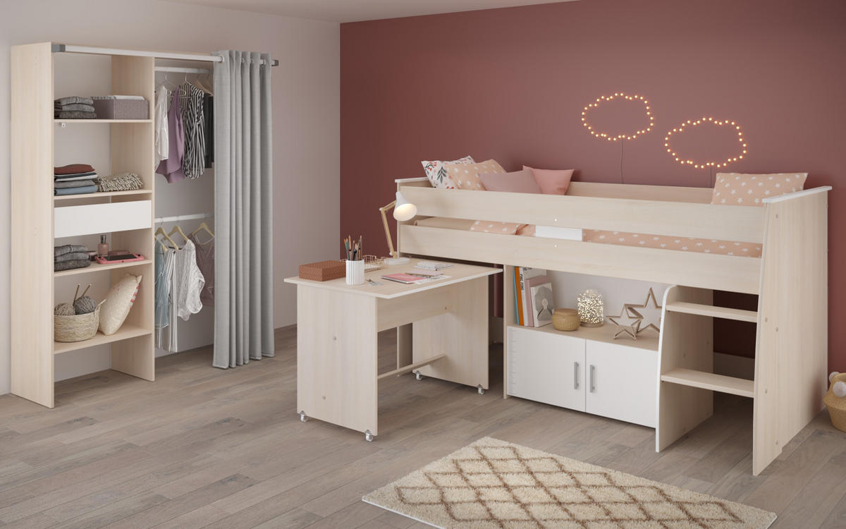 KINDERZIMMER-SET 2-teilig Akazie, weiß, Jugendzimmer mit Hochbett - Eichefarben/Silberfarben, Holzwerkstoff/Kunststoff (206/182/114cm) - Parisot Meuble