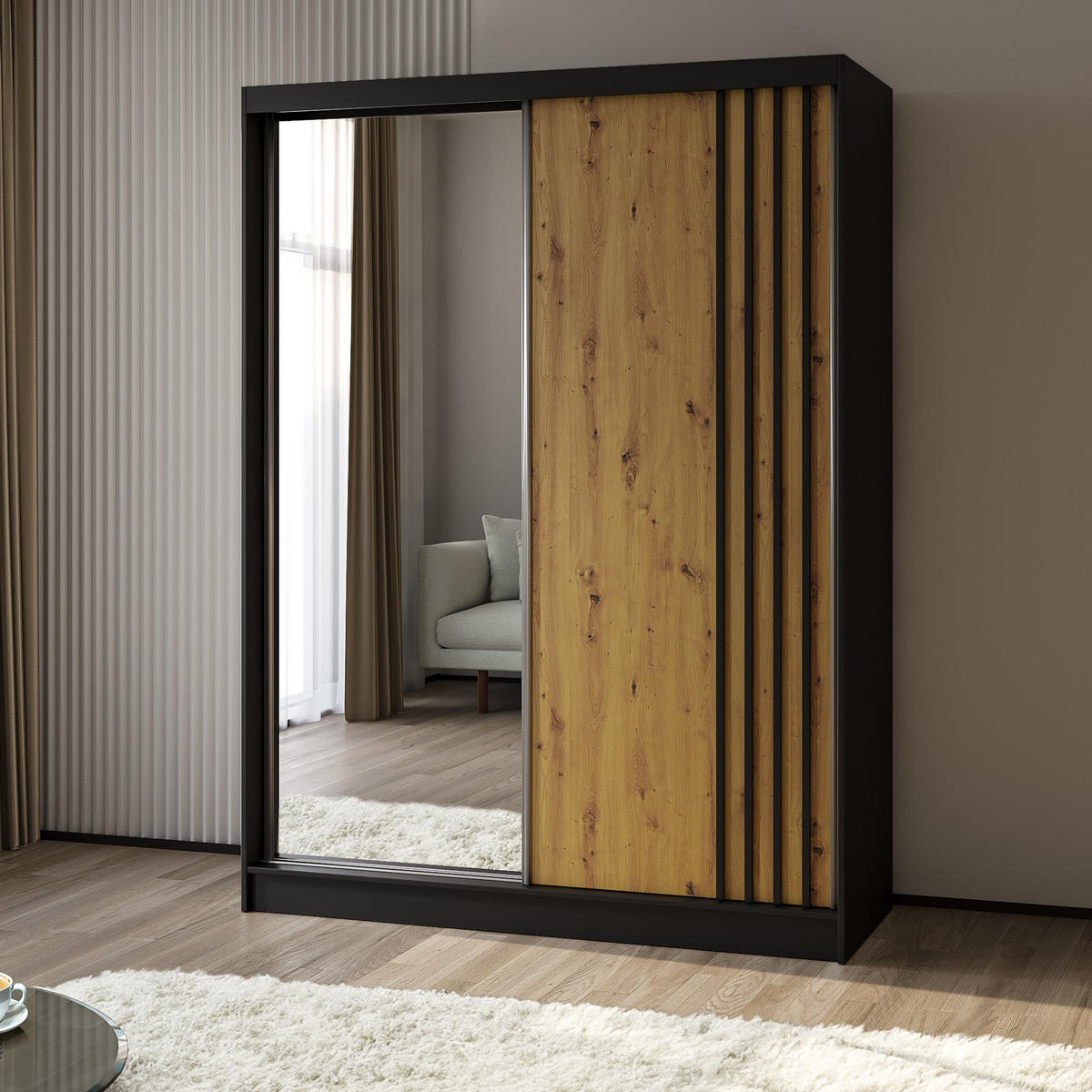 SCHWEBETÜRENSCHRANK NELVIA 160/216/61 cm 2-türig mit Spiegel Schwarz - Schwarz/Eiche Artisan, Holzwerkstoff (160/216/61cm) - MASSENO