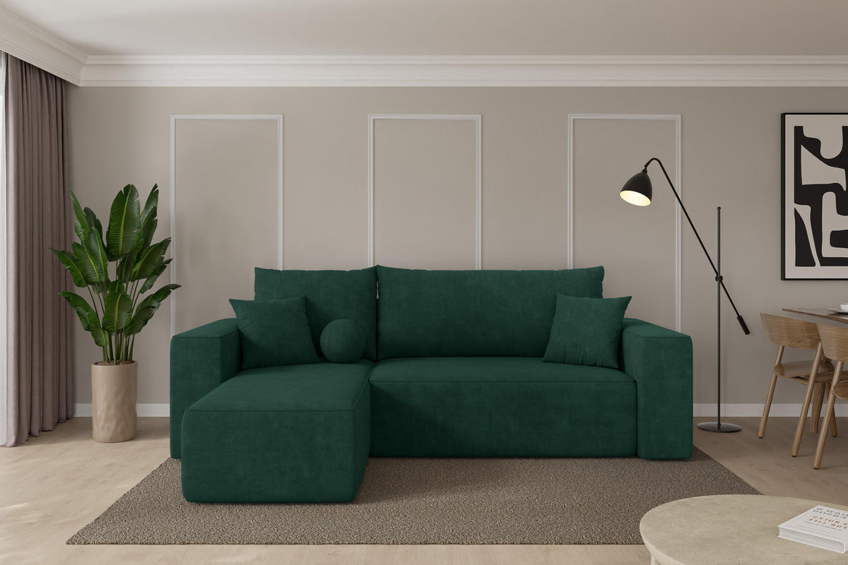 ROHOVÁ SEDAČKA s funkcí spaní, otoman vlevo SENO-L 249x139x85 zelená velur - černá/zelená barva, kompozitní dřevo/textil (249/139cm) - ALTDECOR