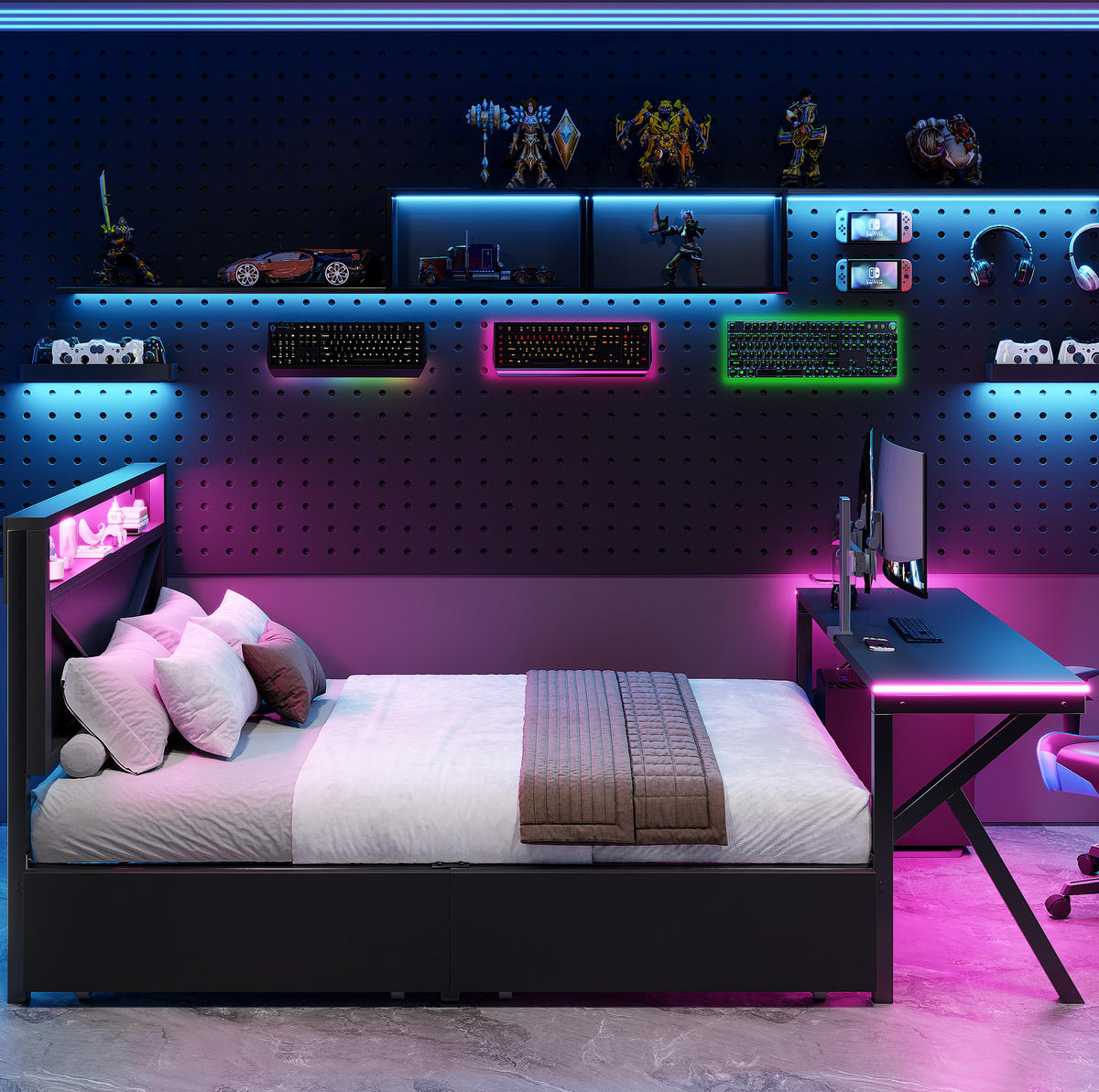 PATROVÁ postel 140/200 cm černá z MDF a kovu s LED čelem, LED stolem a zásuvkami - černá, kompozitní dřevo (140/200cm) - OKWISH
