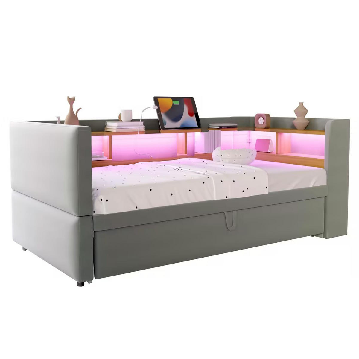 POLSTERBETT 90/180x190 cm LED USB hellgrau - Hellgrau, Textil (180/190cm) - LEBENLANG