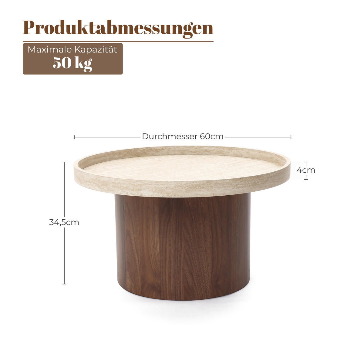 RUNDER Couchtisch mit Tablettplatte und braunem Gestell,Holzoptik | Ø60 x H34 cm - Braun, Holzwerkstoff (60/60/34cm) - Hometopia