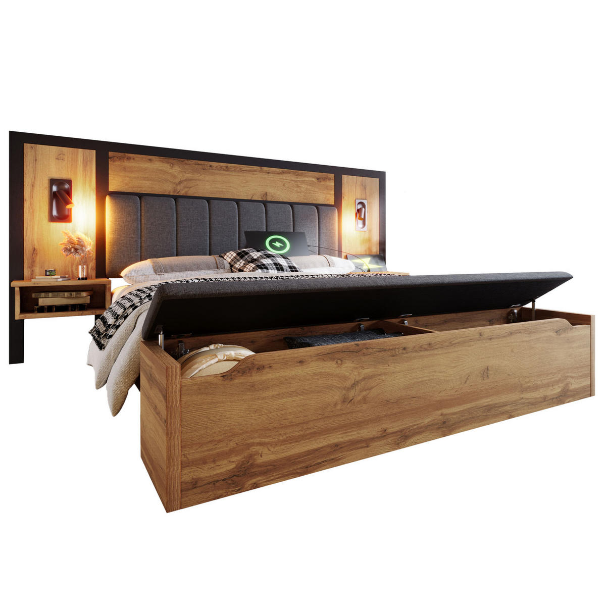 POLSTERBETT aus Metall, MDF und Leinen 180x200 cm Eiche mit Leselampen, USB-C und Stauraumbank - Eichefarben, Metall (180/200cm) - IVMEU
