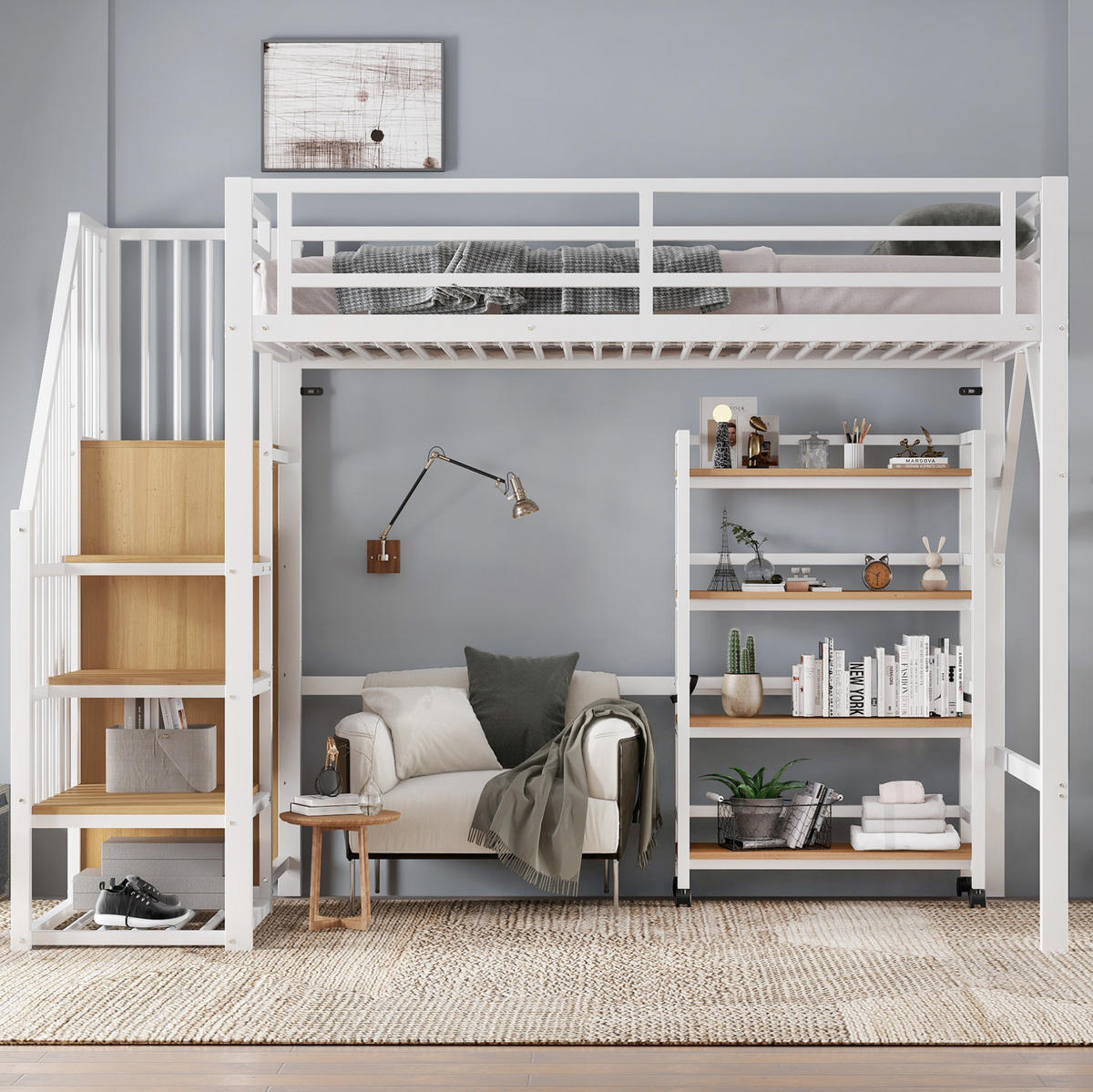 HOCHBETT 90/200 cm in Weiß/Natur – mit Rausfallschutz, Eckleiter und Regal - Weiß, Metall (90/200cm) - BEAOK