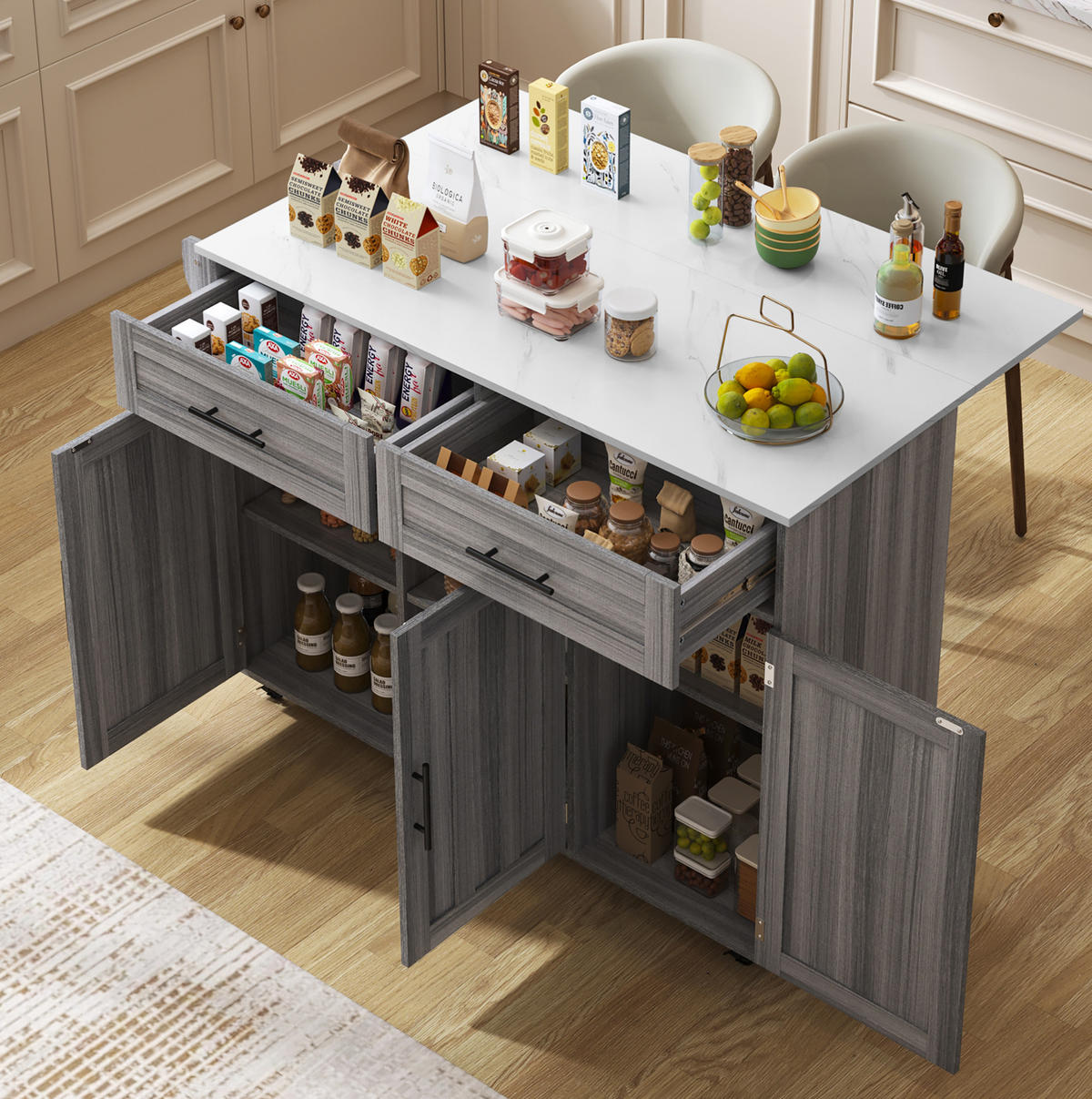 KÜCHENINSEL 129/71/91,5 cm Grau/Weiß aus MDF mit klappbarer Tischplatte - Grau, Holzwerkstoff (46/91.5/129cm) - OKMYHOME