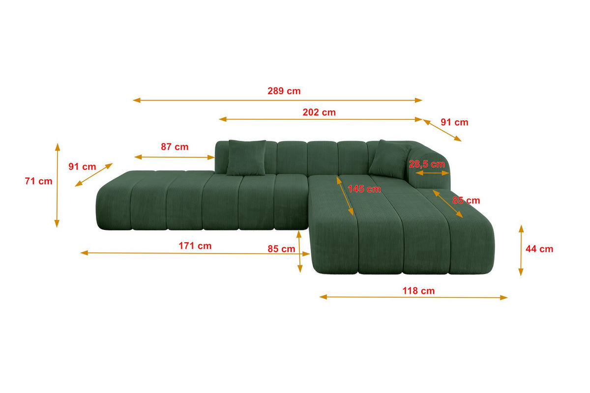 ECKSOFA Ottomane Rechts BILA-L 289x176x71 Grün Cord - Waldgrün/Schwarz, Holzwerkstoff/Kunststoff (289/176cm) - ALTDECOR