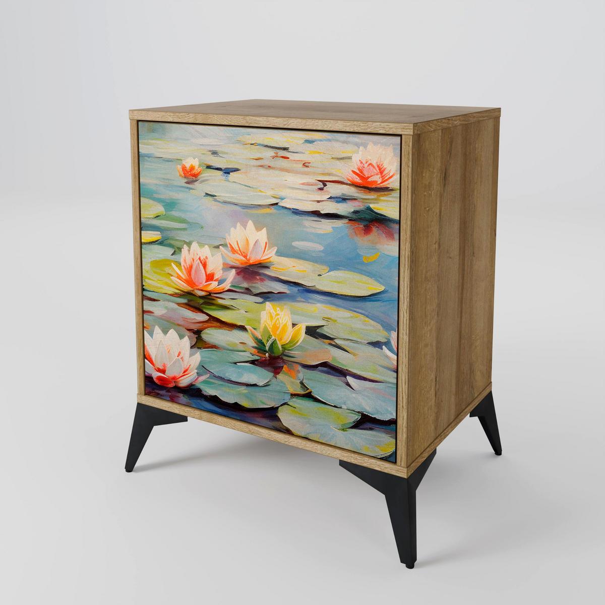 SIDEBOARD BLOOMING WATERS, Eichefarben, 57,5x42x72,5 cm, Schwarze Metallfüße - Eichefarben/Multicolor, Holzwerkstoff/Metall (57.5/72.5/42cm) - SpaceRebels