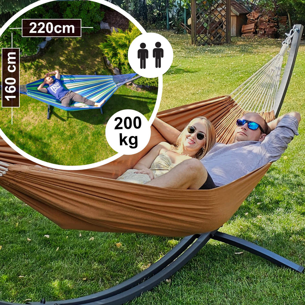 HÄNGEMATTE mit Gestell, 2 Personen, XXL, 200 kg, Metall, Braun, einfache Montage - Braun, Metall (370/130/120cm) - Potenza