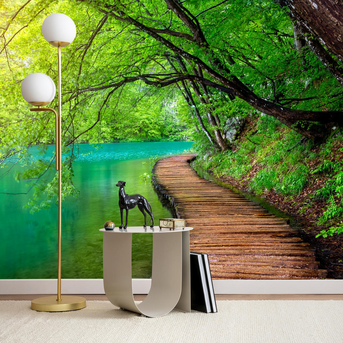 FOTOTAPETE für Wohnzimmer Holzsteg See Bäume Pflanzen Natur 350x256 - Türkis/Braun, Papier (350/256cm) - Muralo