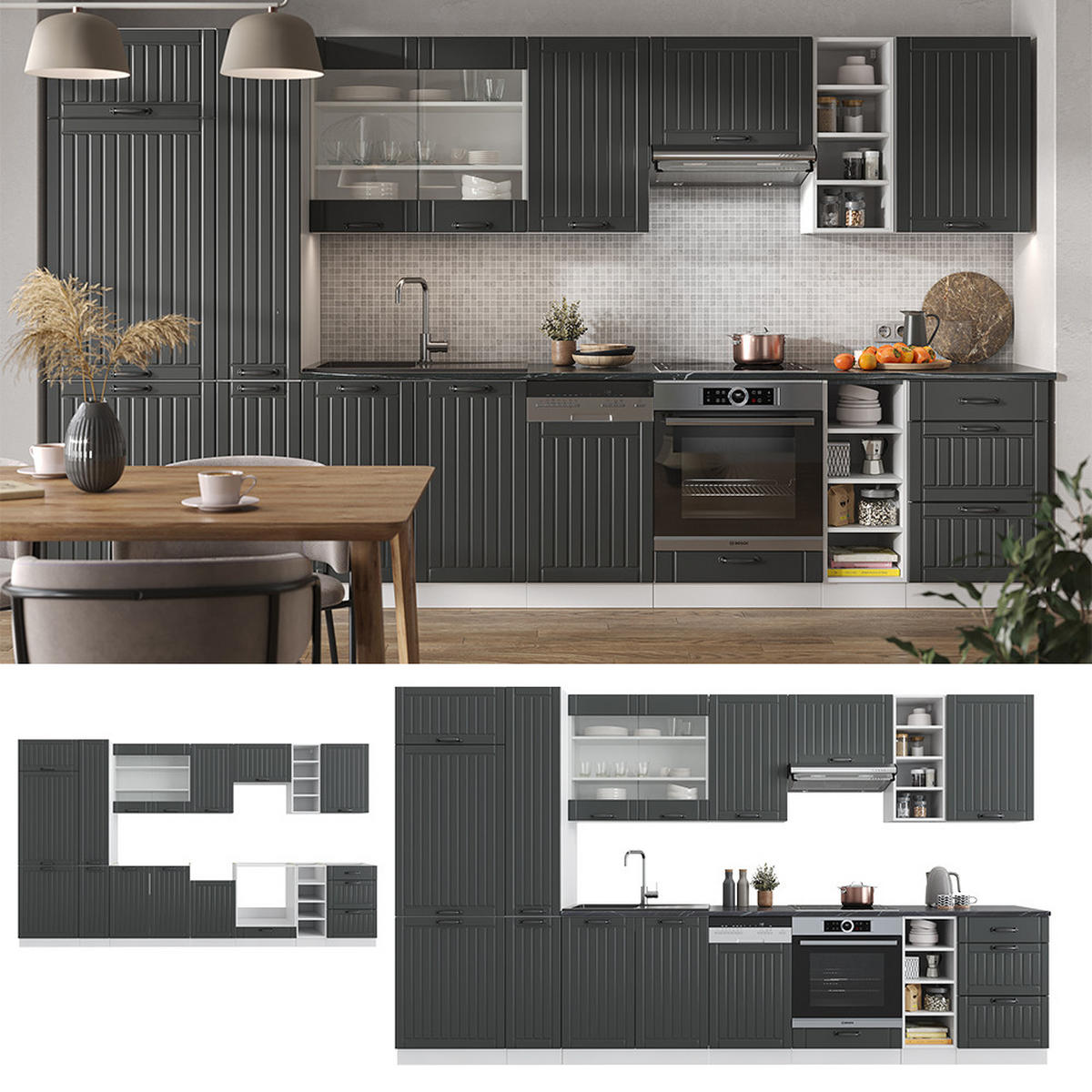 KÜCHENZEILE Fame-Line Anthrazit Landhaus/Weiß 355 cm, AP Eiche - Dunkelgrau/Weiß, Holzwerkstoff (355/81.6/60cm) - Vicco