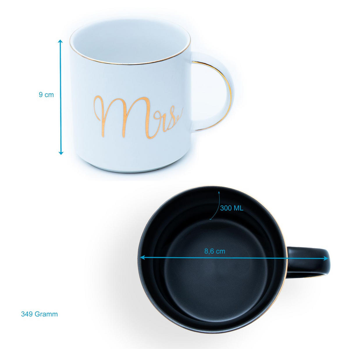 KAFFEETASSE mit Goldrand und Aufschrift Mrs & Mr 300 ml (2-tlg.) - Schwarz, Keramik (0.3L) - Intirilife
