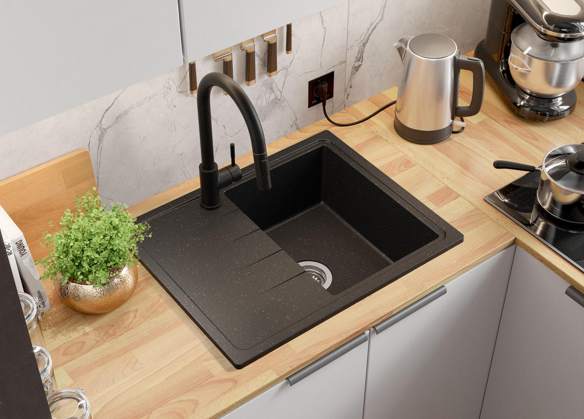 SPÜLBECKEN Mailand, 2-er set Schwarz Metallic 62/50 cm 1 Becken + Ablauf-Set ab 40er Unterschrank - Chromfarben/Schwarz Hochglanz, Kunststoff (62/19/50cm) - Primagran