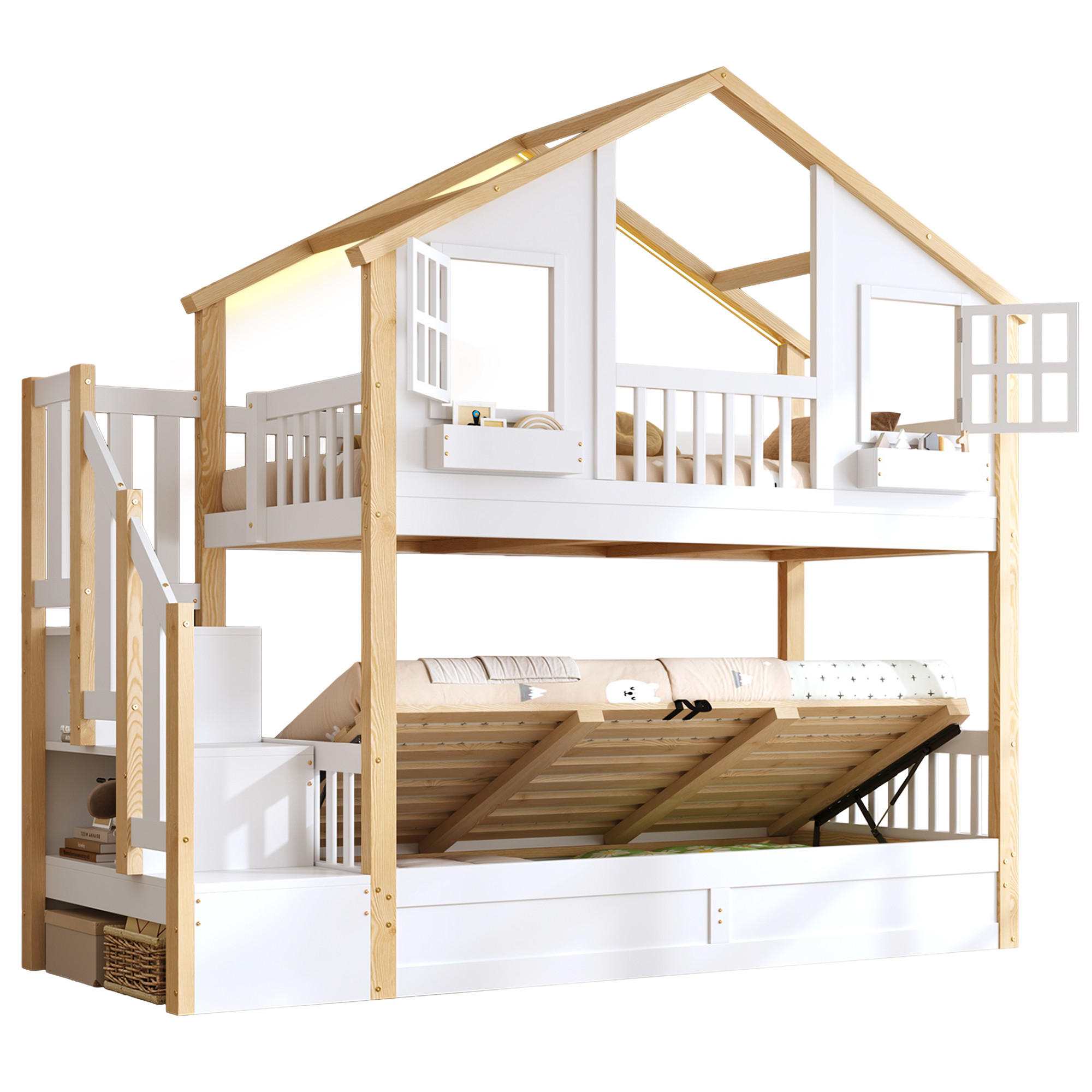 ETAGENBETT 90/200 cm & 90/200 cm in Weiß mit Stauraumtreppe, Bettkasten und LED Hausbett im Fenster-Design - Weiß/Naturfarben, Holzwerkstoff (90/200cm) - STILVORA