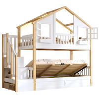 ETAGENBETT 90/200 cm & 90/200 cm in Weiß mit Stauraumtreppe, Bettkasten und LED Hausbett im Fenster-Design - Weiß/Naturfarben, Holzwerkstoff (90/200cm) - STILVORA