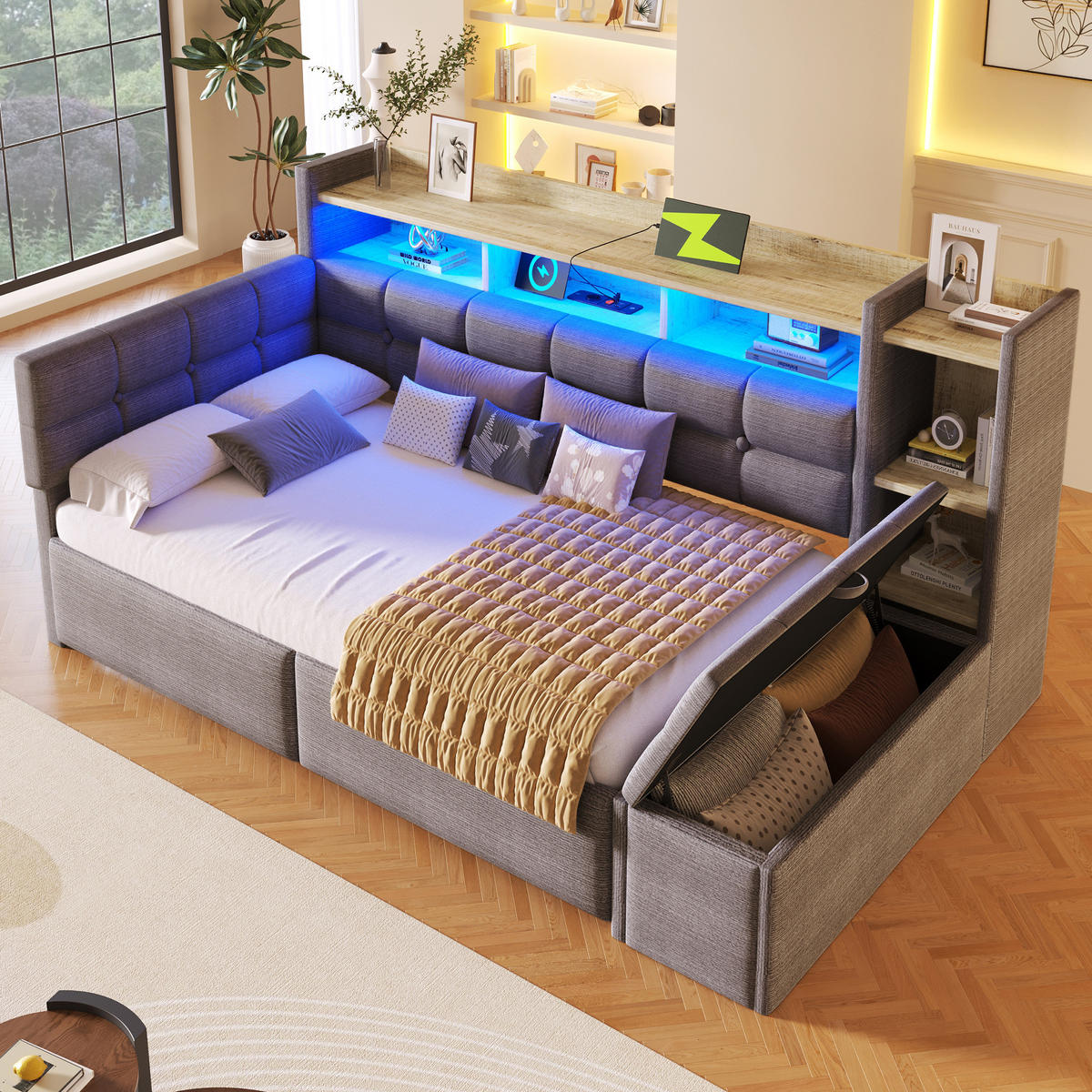 TAGEBETT 90x190cm Dunkelgrau Samt 2 Schubladen USB LED-Licht - Dunkelgrau, Holz (90/190cm) - FLIEKS