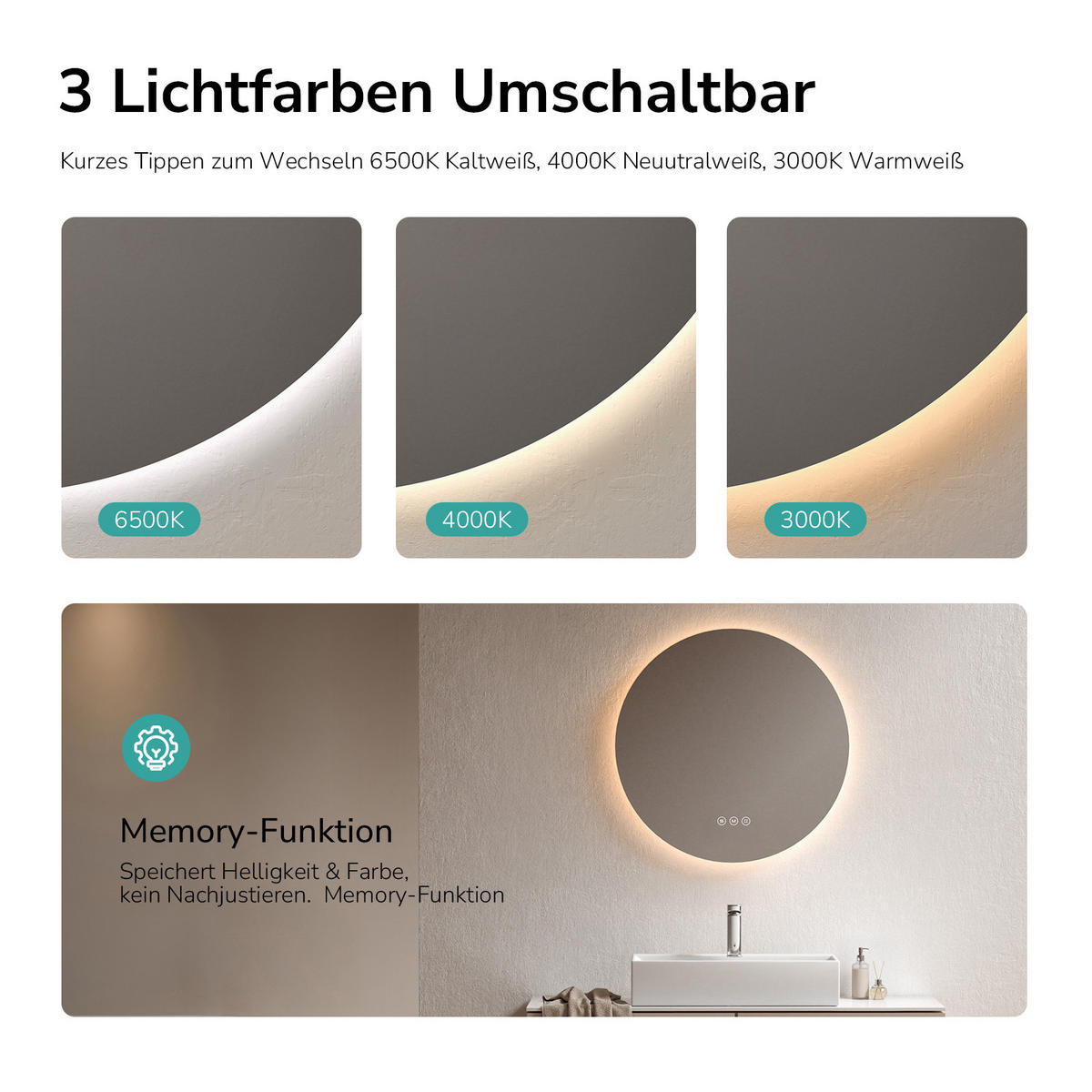 BADSPIEGEL Rund mit Beleuchtung Rahmenlos, 3 Lichtfarben, beschlagfrei, Ø 50 cm - Weiß, Glas (50/3.5/50cm) - EMKE