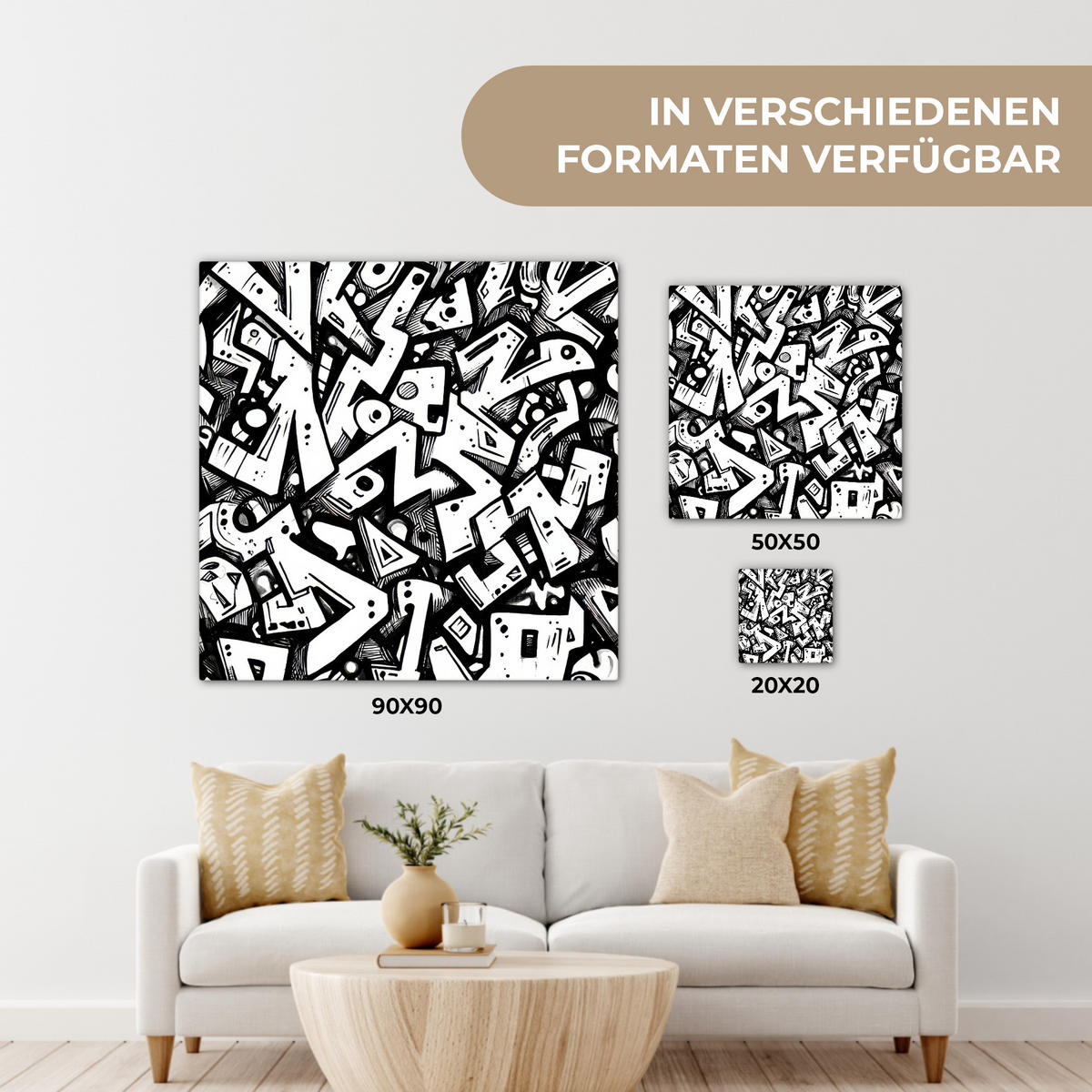 LEINWANDBILD Formen - Buchstaben - Graffiti - Schwarz Deko Groß 90x90 cm - Schwarz, Textil (90/90cm) - MuchoWow